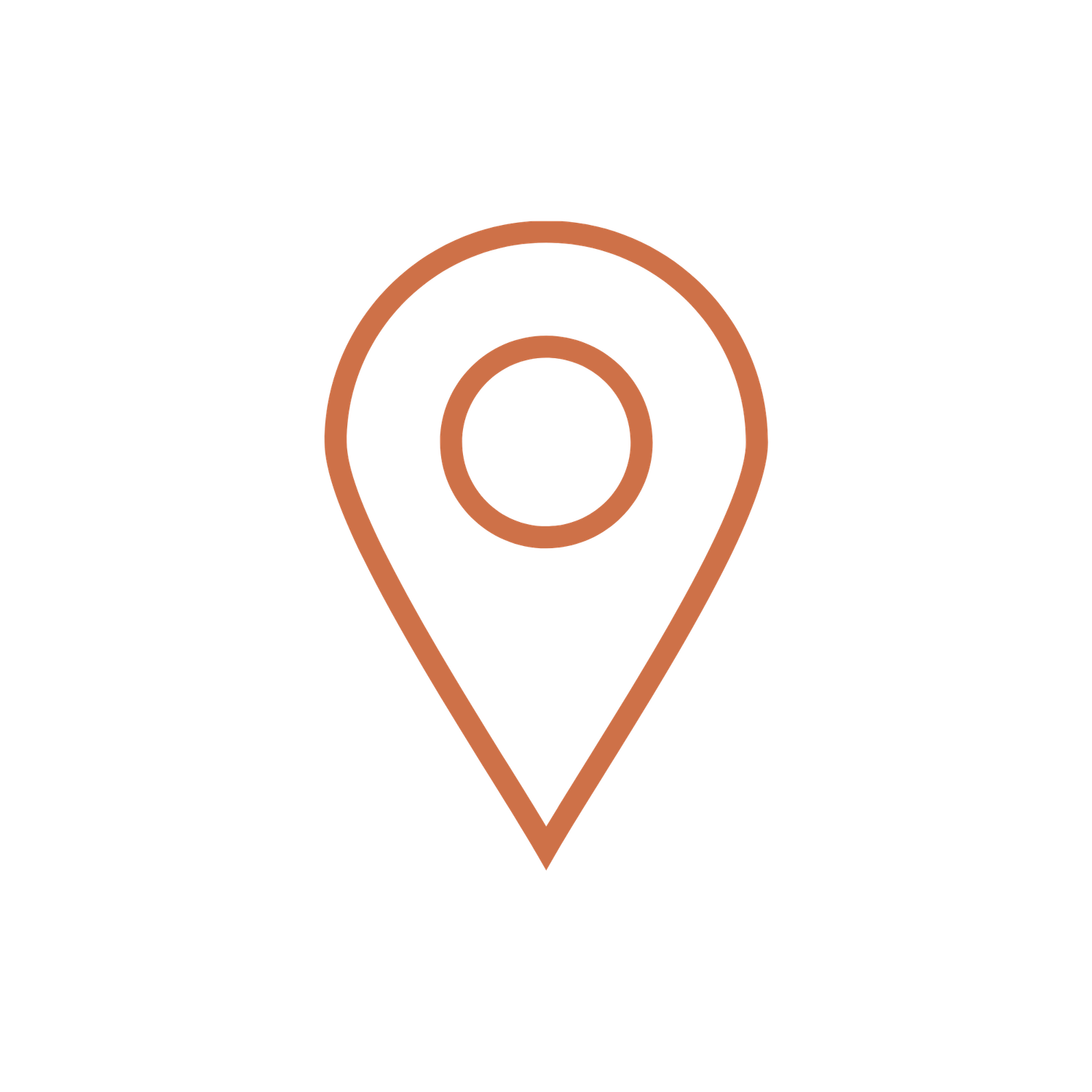 Orange outline location pin icon with circle center on white background.