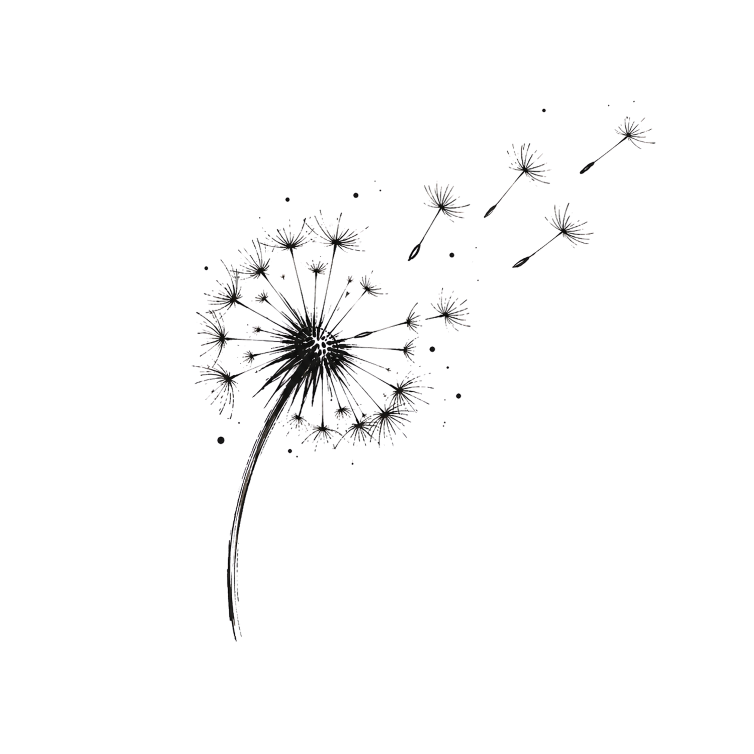 Black and white illustration of a dandelion with seeds blowing in the wind, minimalist tattoo style design.