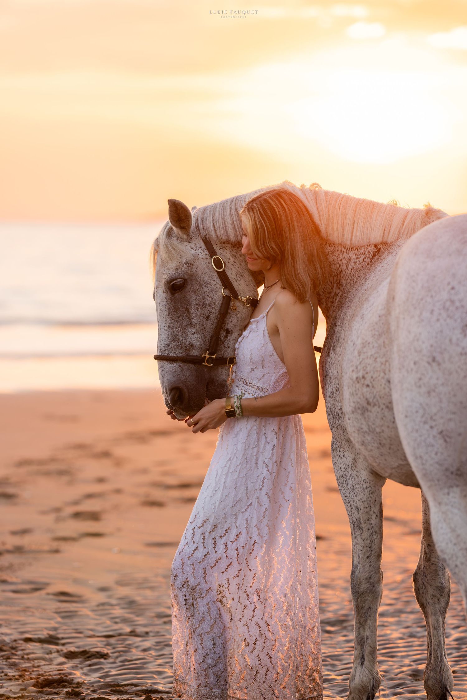 Woman in white lace dress embracing a white horse on a beach at golden sunset.