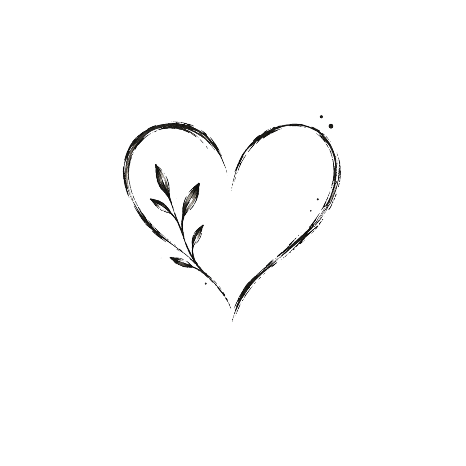 Black ink brush stroke heart with delicate botanical leaf branch, minimalist hand-drawn style illustration on white background.