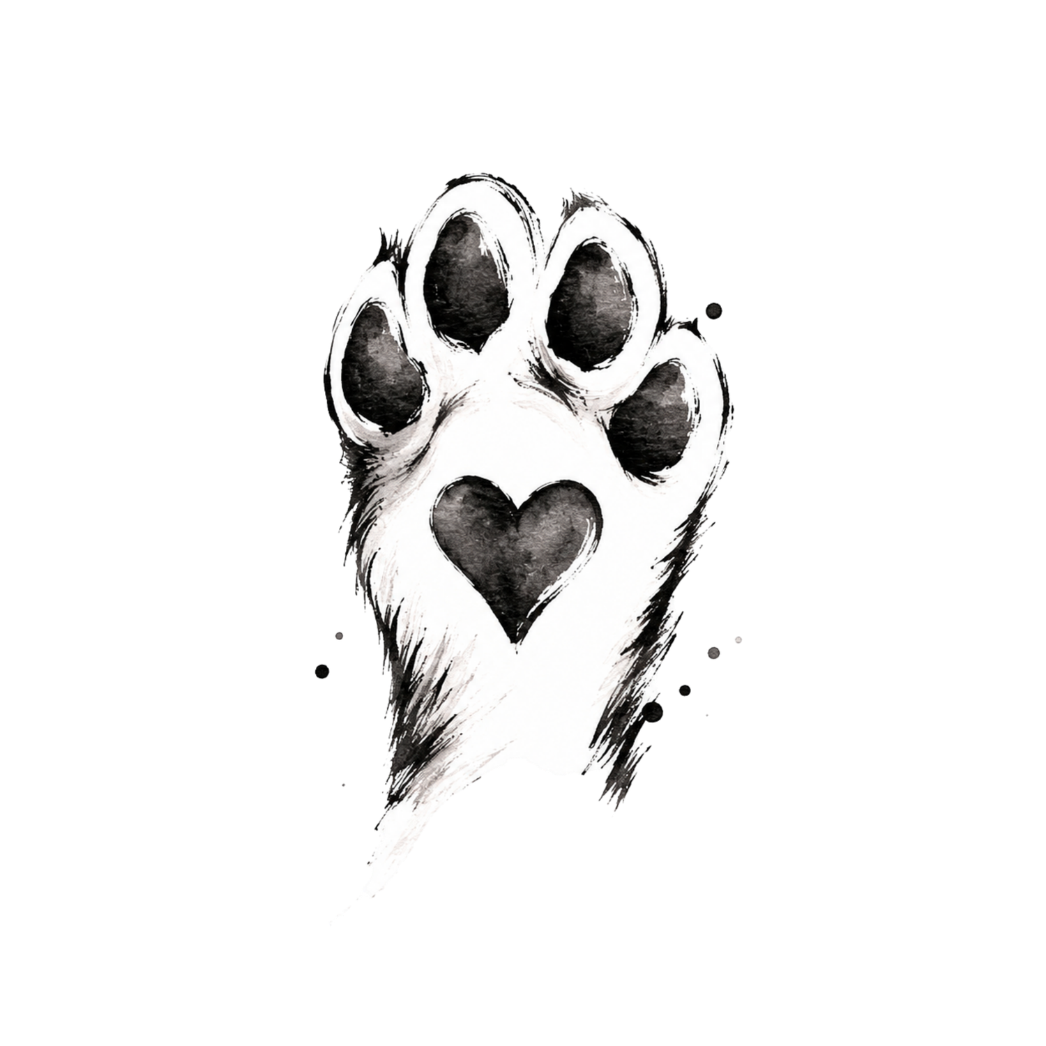 Black ink illustration of a dog paw print with a heart shape on the pad, featuring artistic brush strokes on white background.