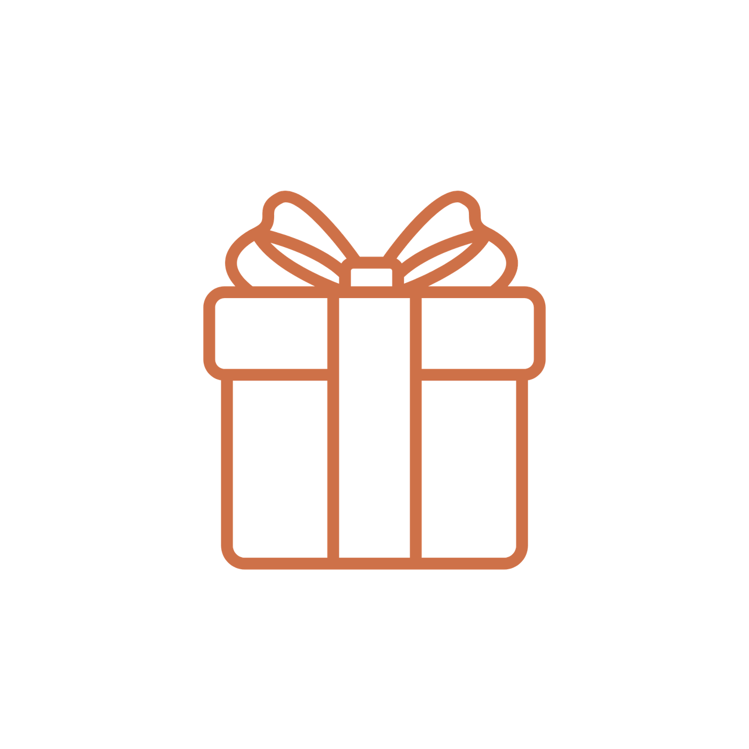 Orange outline icon of a gift box with bow and ribbon on white background.
