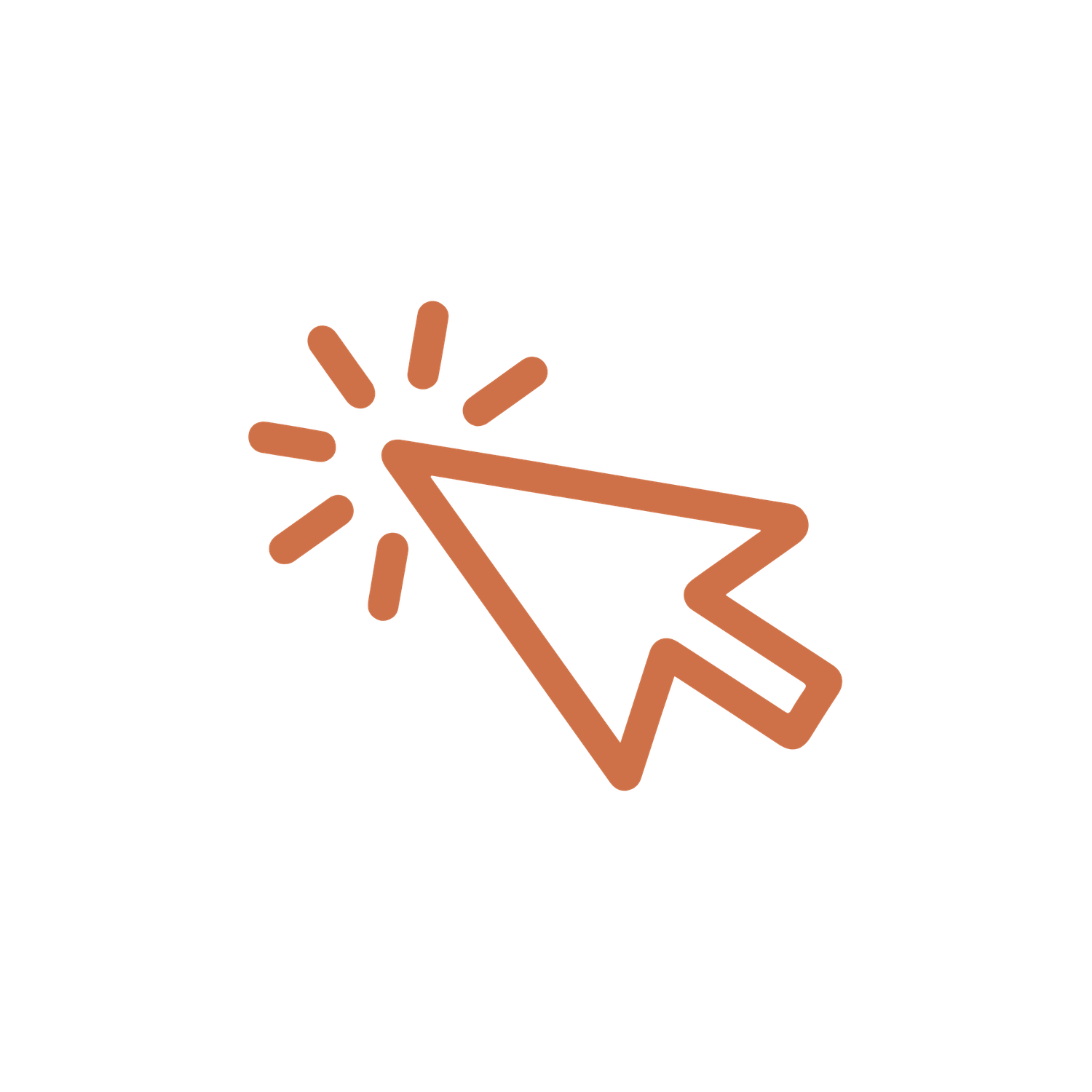 A terracotta orange cursor arrow icon with click lines, minimalist design on white background.