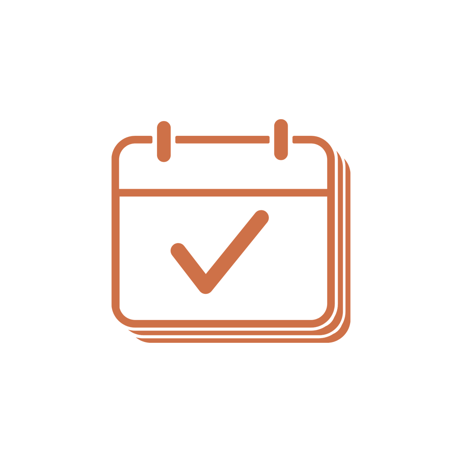 Orange outline calendar icon with a checkmark, symbolizing scheduled events, appointments, or task completion.