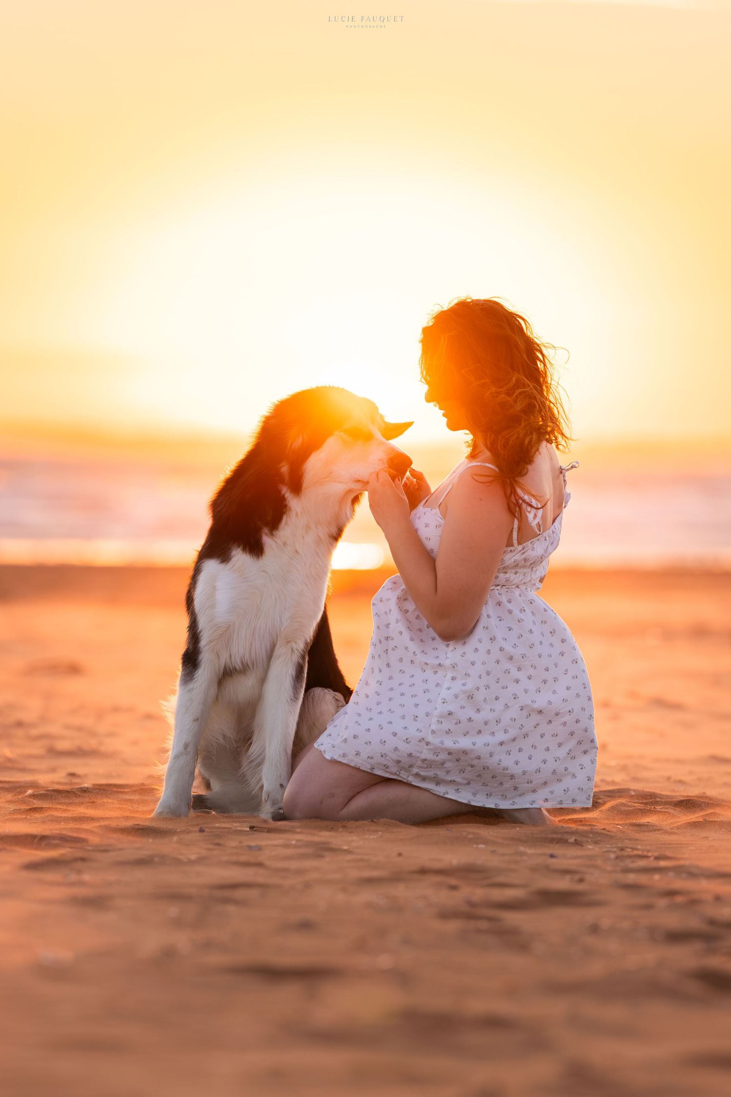 Woman in white dress sitting on beach sand with her dog at golden sunset by the ocean.