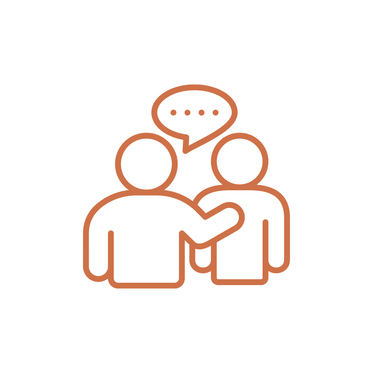 Two people conversing with a speech bubble icon, representing communication and teamwork in a simple line art style.