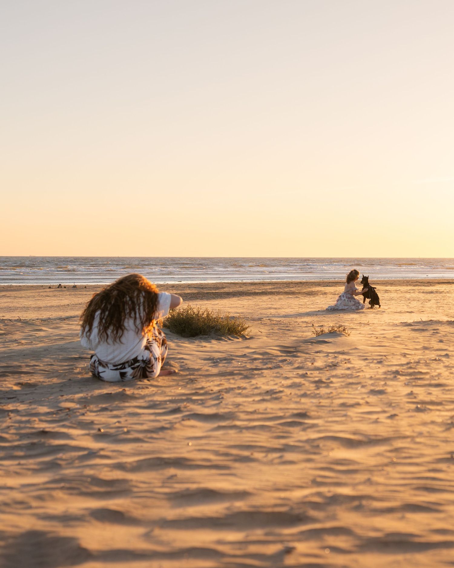 Two people and a dog playing on a sandy beach at golden sunset hour with calm ocean waves in the background.