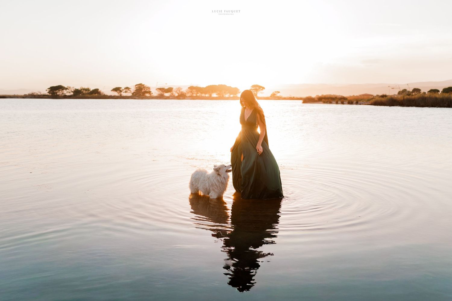 Woman in dark gown standing in calm water at sunset with a white dog beside her, golden light reflecting on the surface.