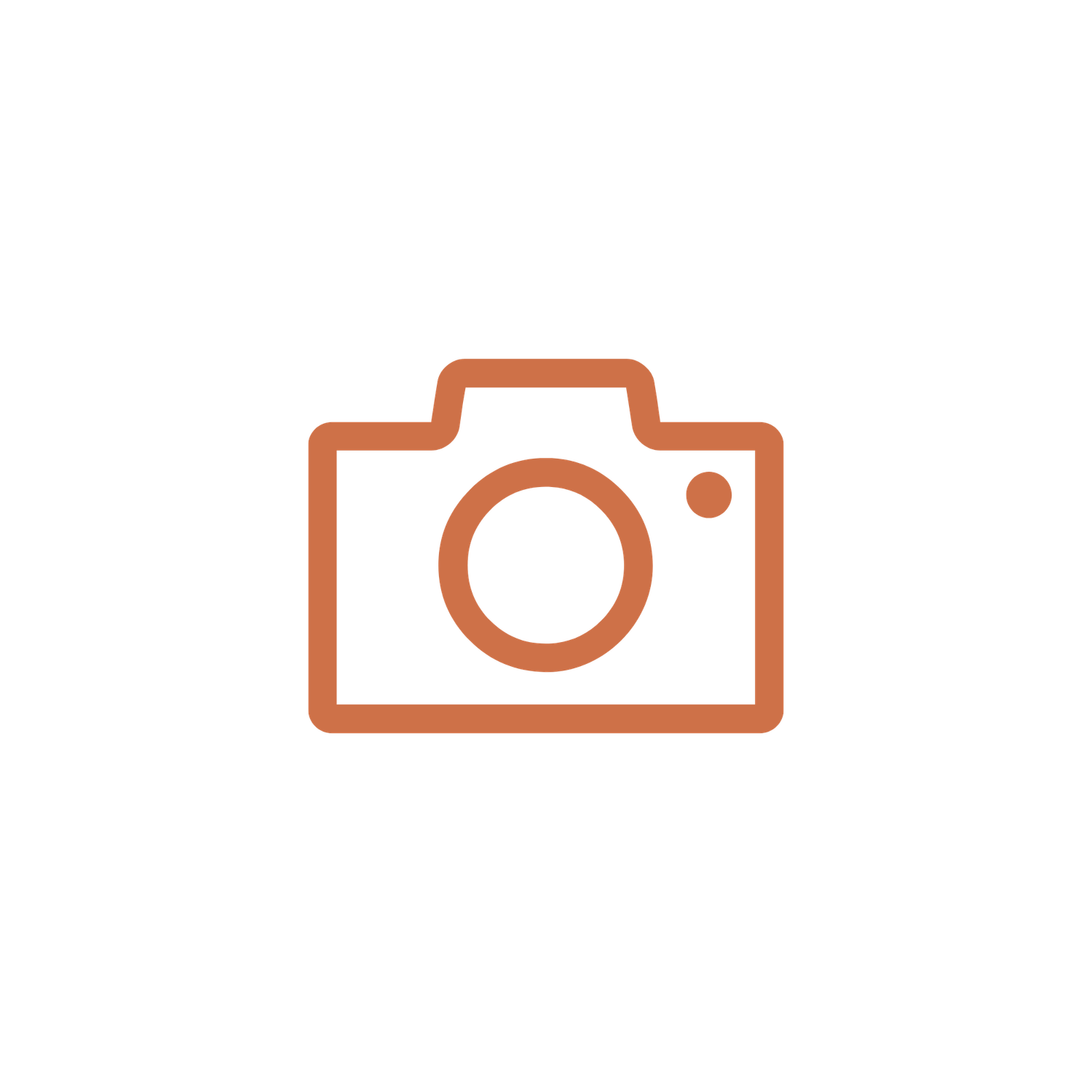 Orange camera icon outline illustration on white background, simple minimalist photography symbol design.
