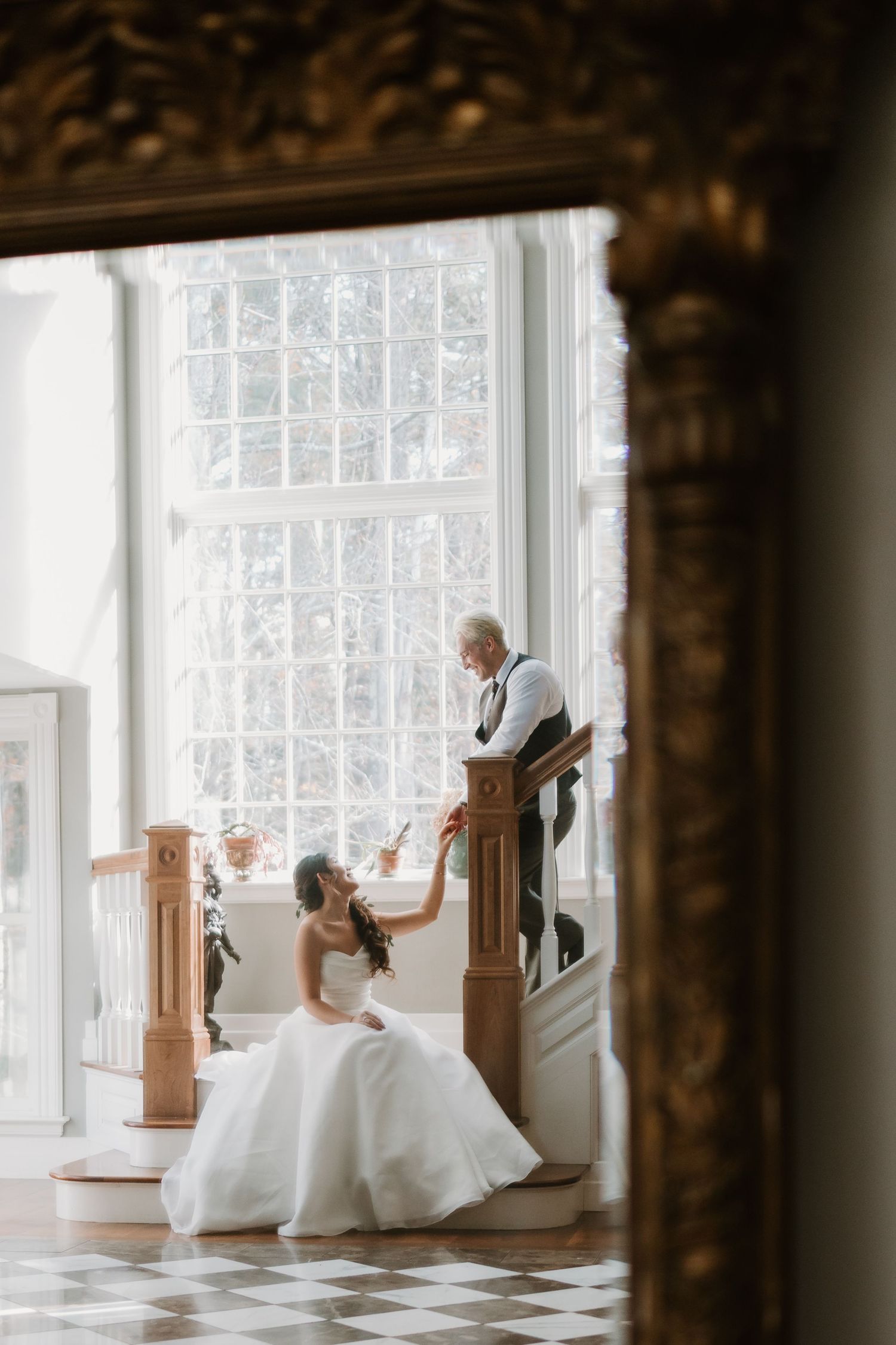 A series of artistic wedding photos showing someone in a white gown posing gracefully near bright sunlit windows.