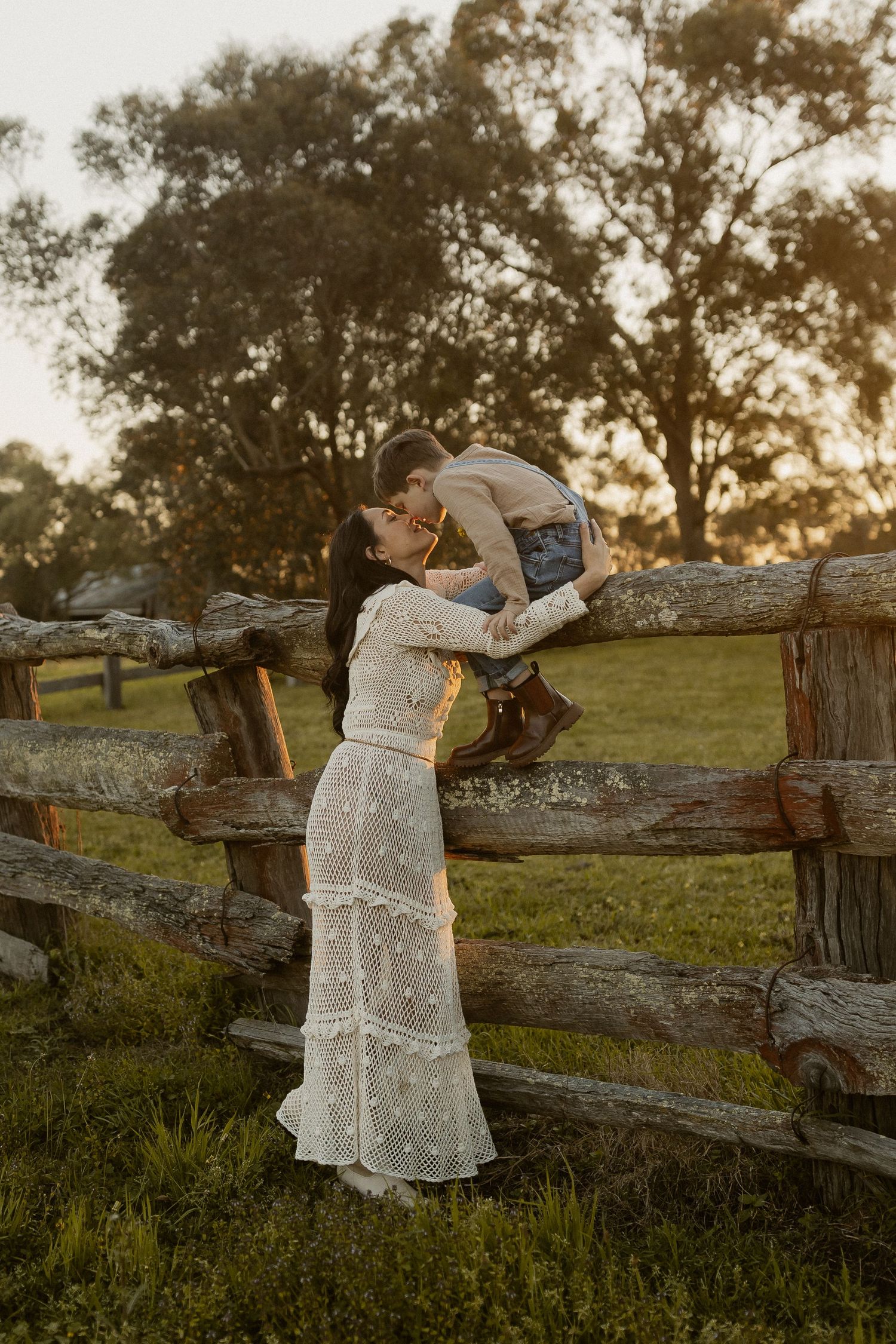 A touching moment shared by a rustic wooden fence during golden hour in the countryside.
