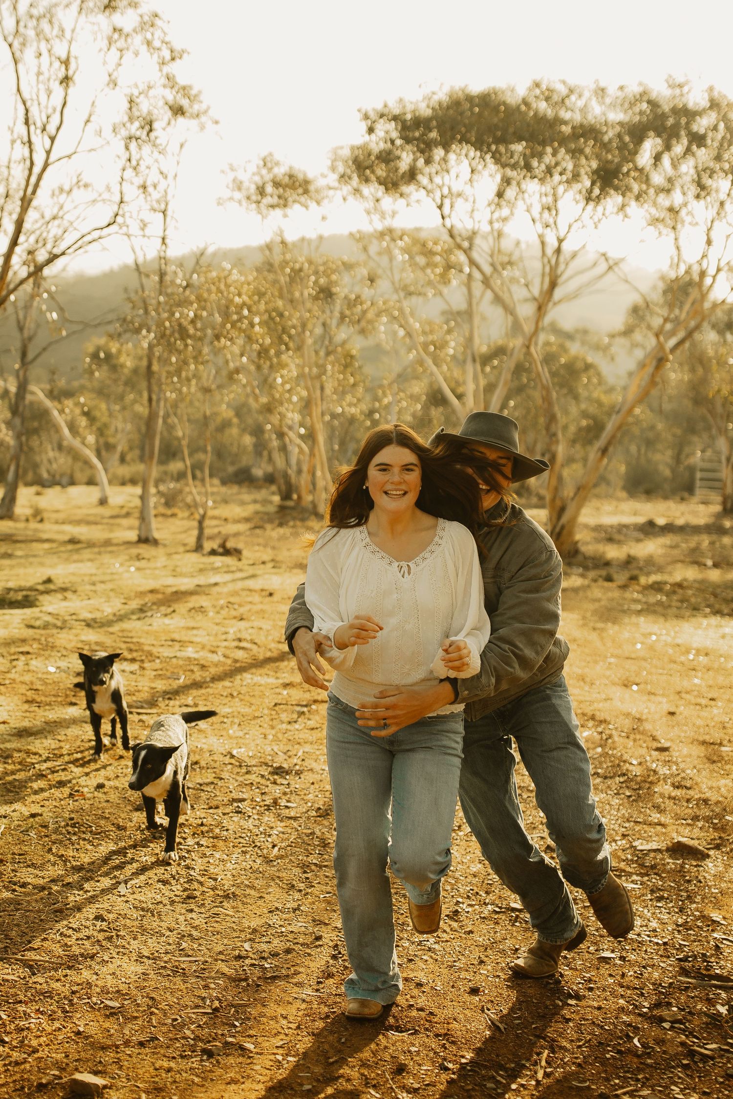 Two people and dogs enjoying a golden sunset walk in a rustic countryside setting.