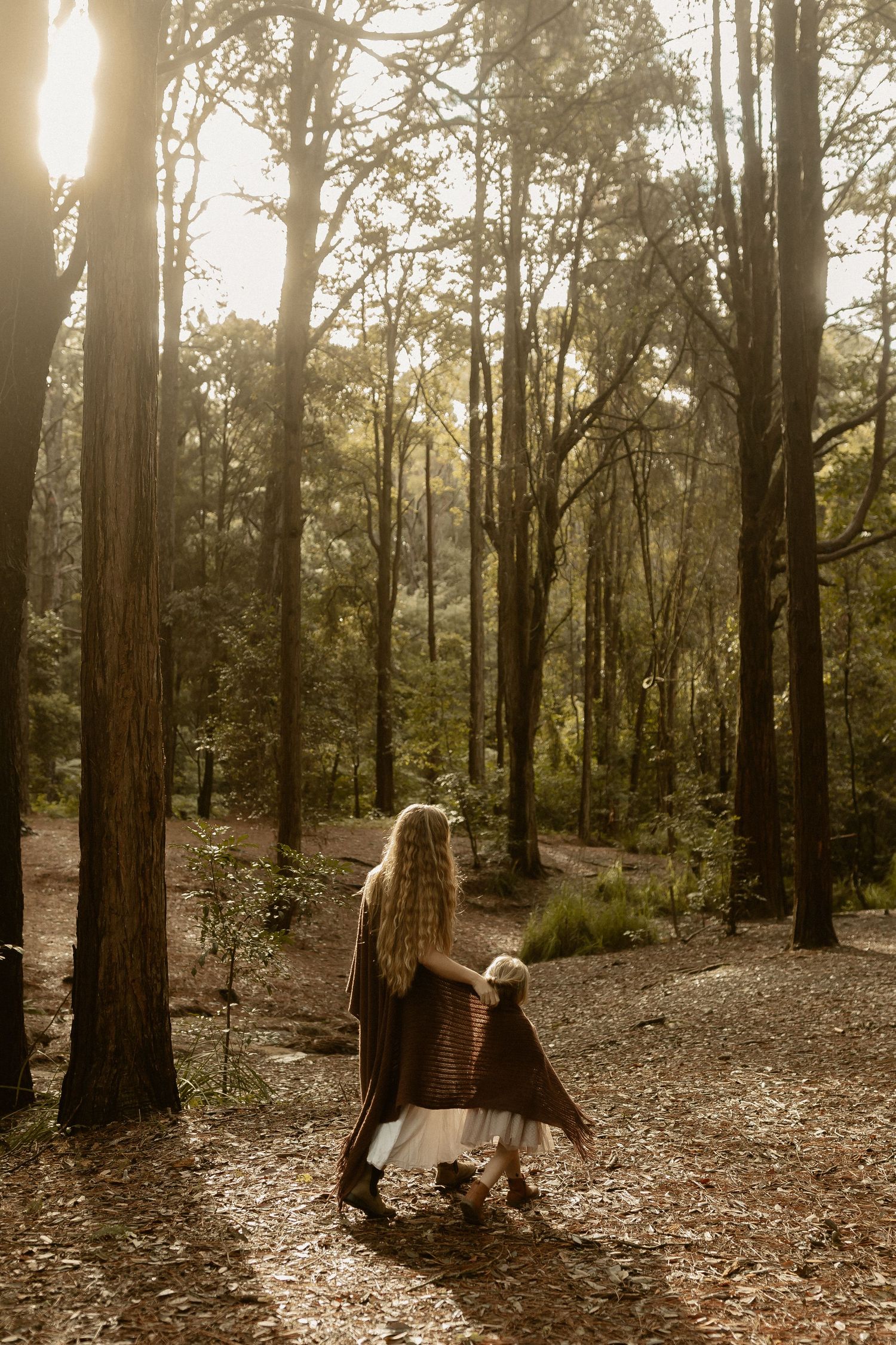 Person in a brown sweater walks through a sunlit forest path during golden hour.