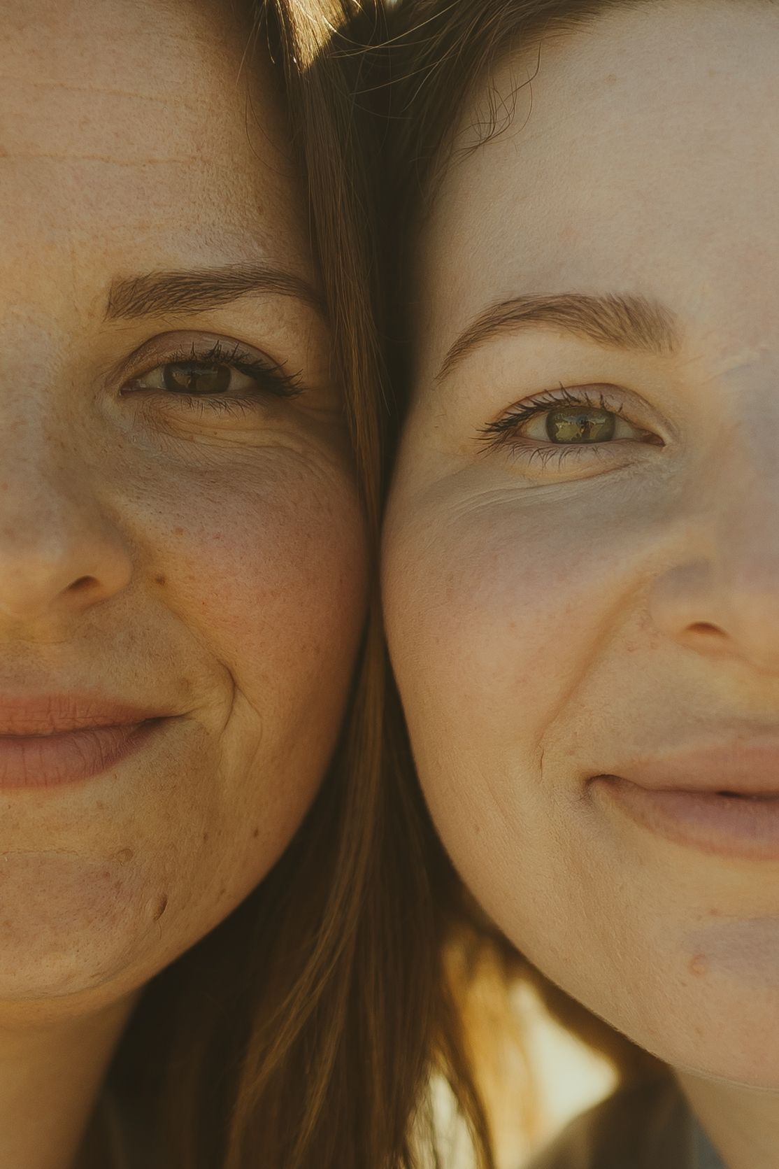 A series of close-up portraits showing similar smiling expressions in warm lighting.