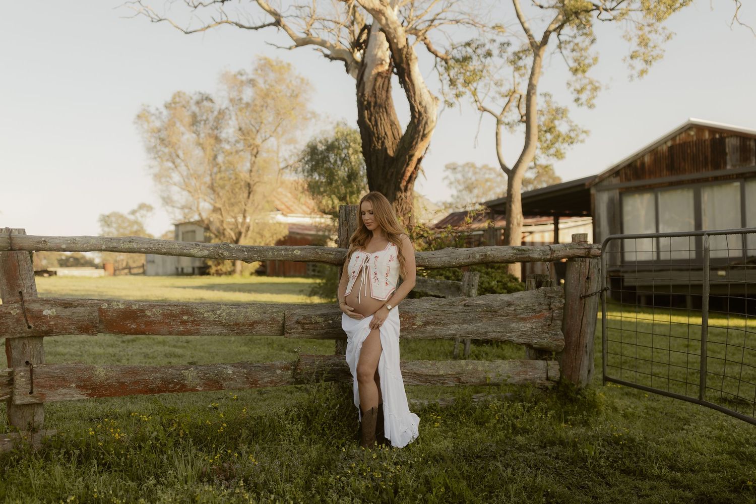 Pregnant woman in white dress leaning on rustic wooden fence at golden hour on a farm.