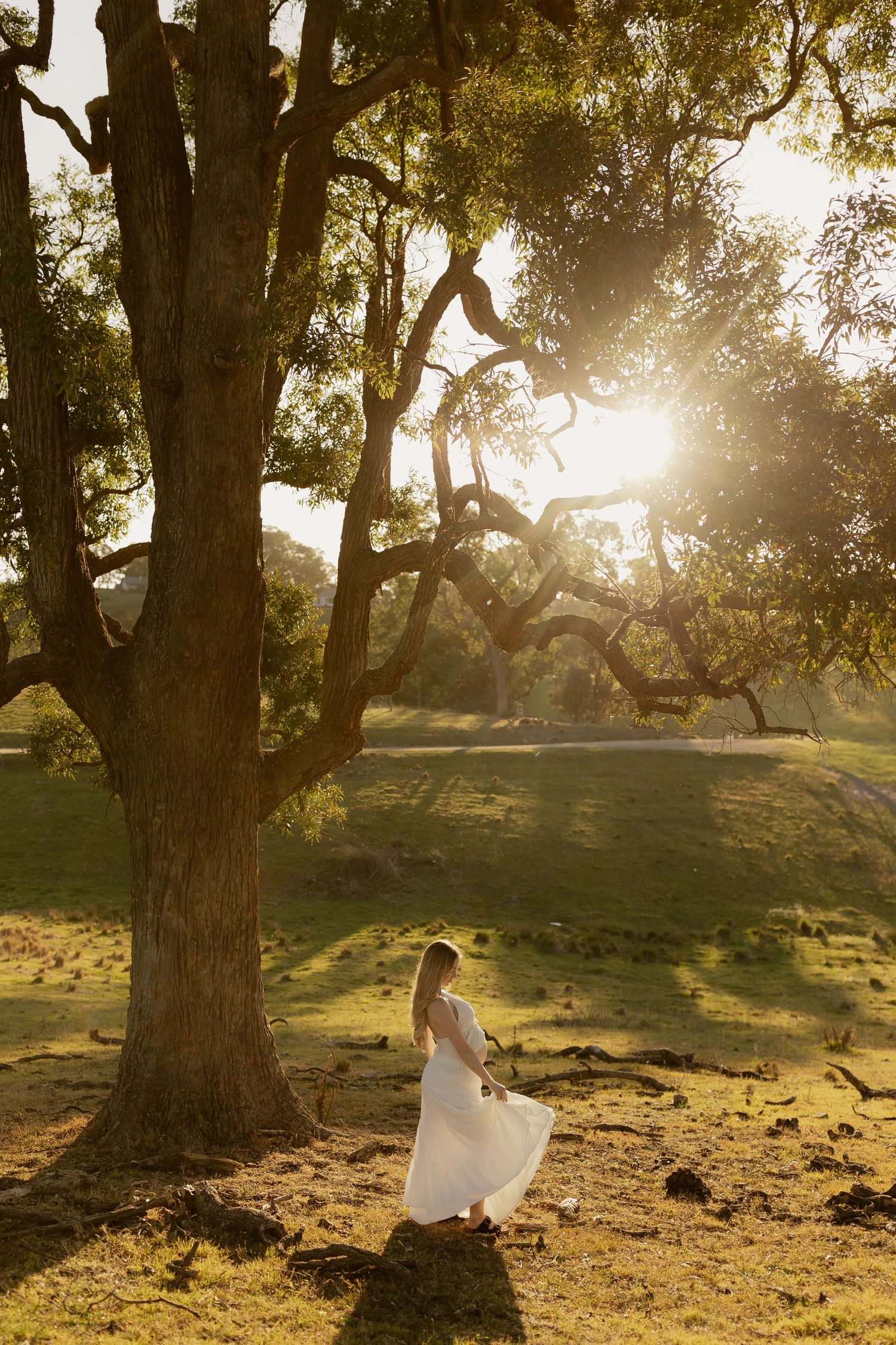 Woman in white dress twirling under large oak tree in golden sunset light on green hillside.