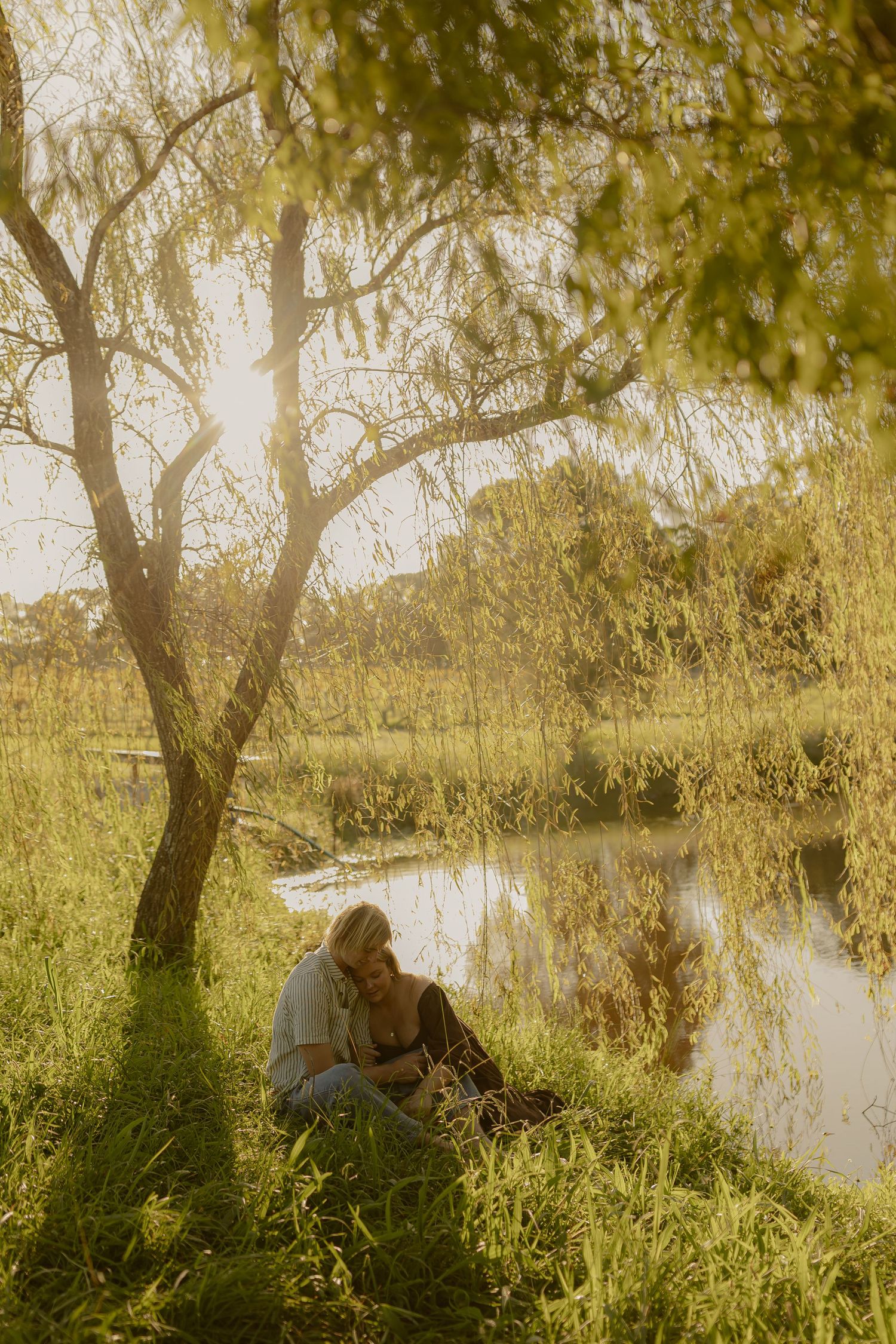 A serene pond landscape with willow trees casting reflections on calm water during golden hour.