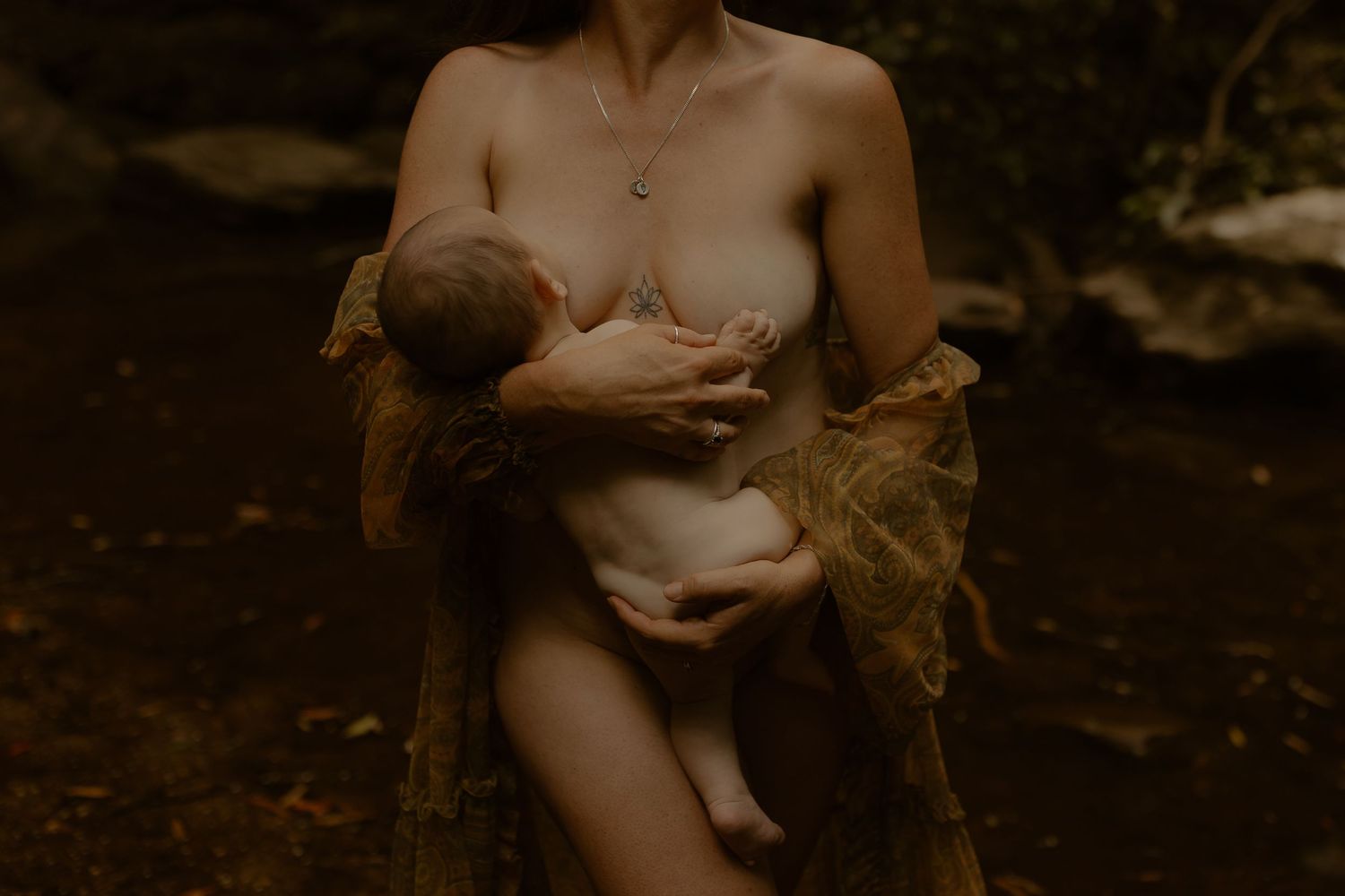 Family embraces in dark forest setting surrounded by lush greenery and fallen logs.