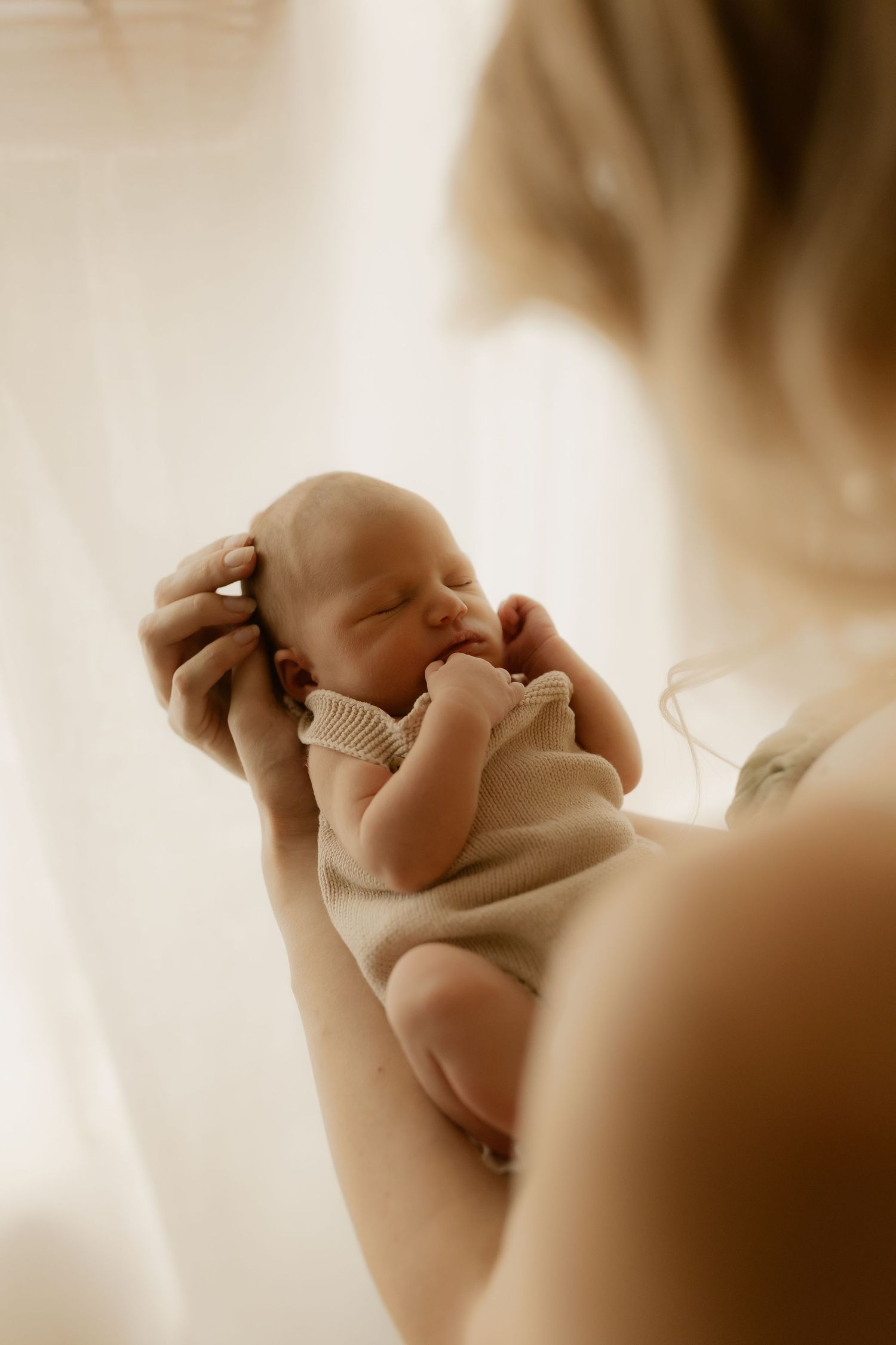 Sleeping newborn cradled gently in warm natural light.