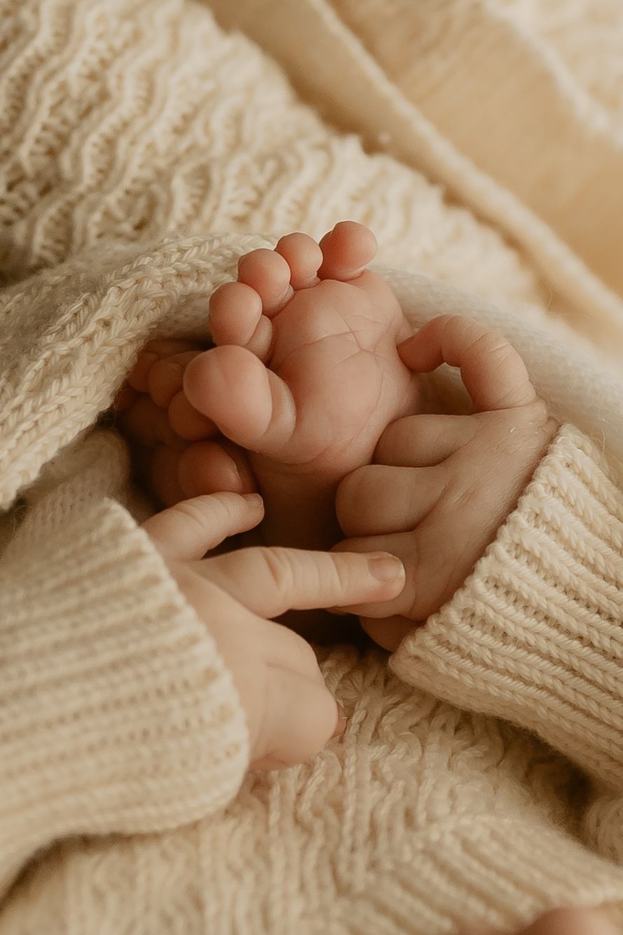 Close-up series of tiny infant hands grasping soft ivory knitted fabric showing delicate fingers and gentle textures.