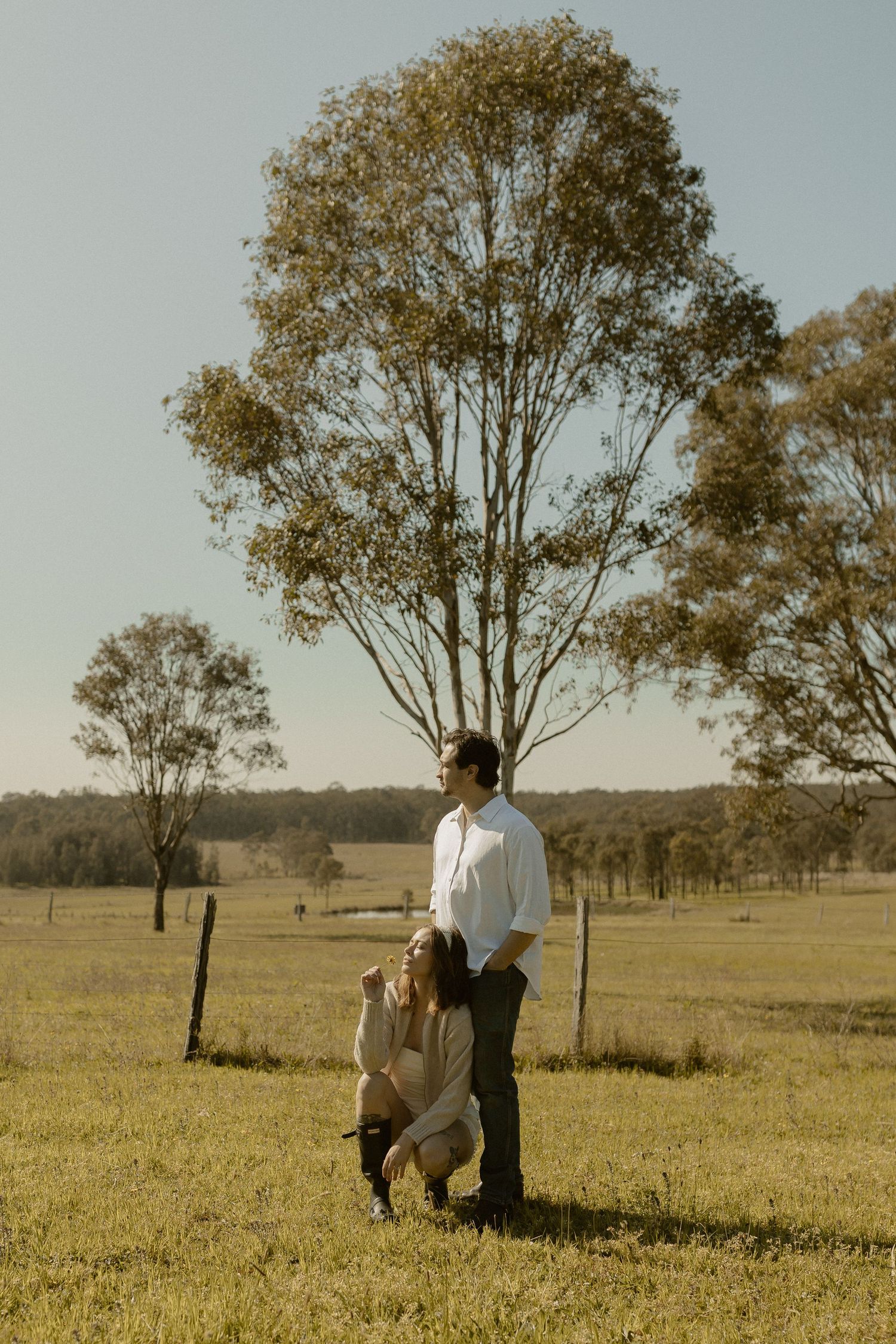 A couple shares an intimate moment in a sunny countryside field with scattered trees in the background.