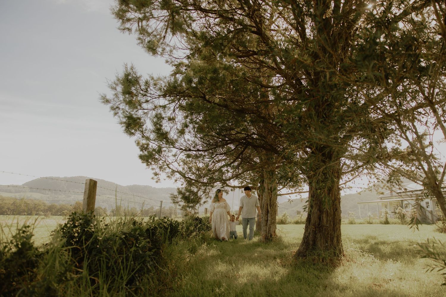 Couple walking hand-in-hand through lush green countryside with tall trees and rolling hills in background.