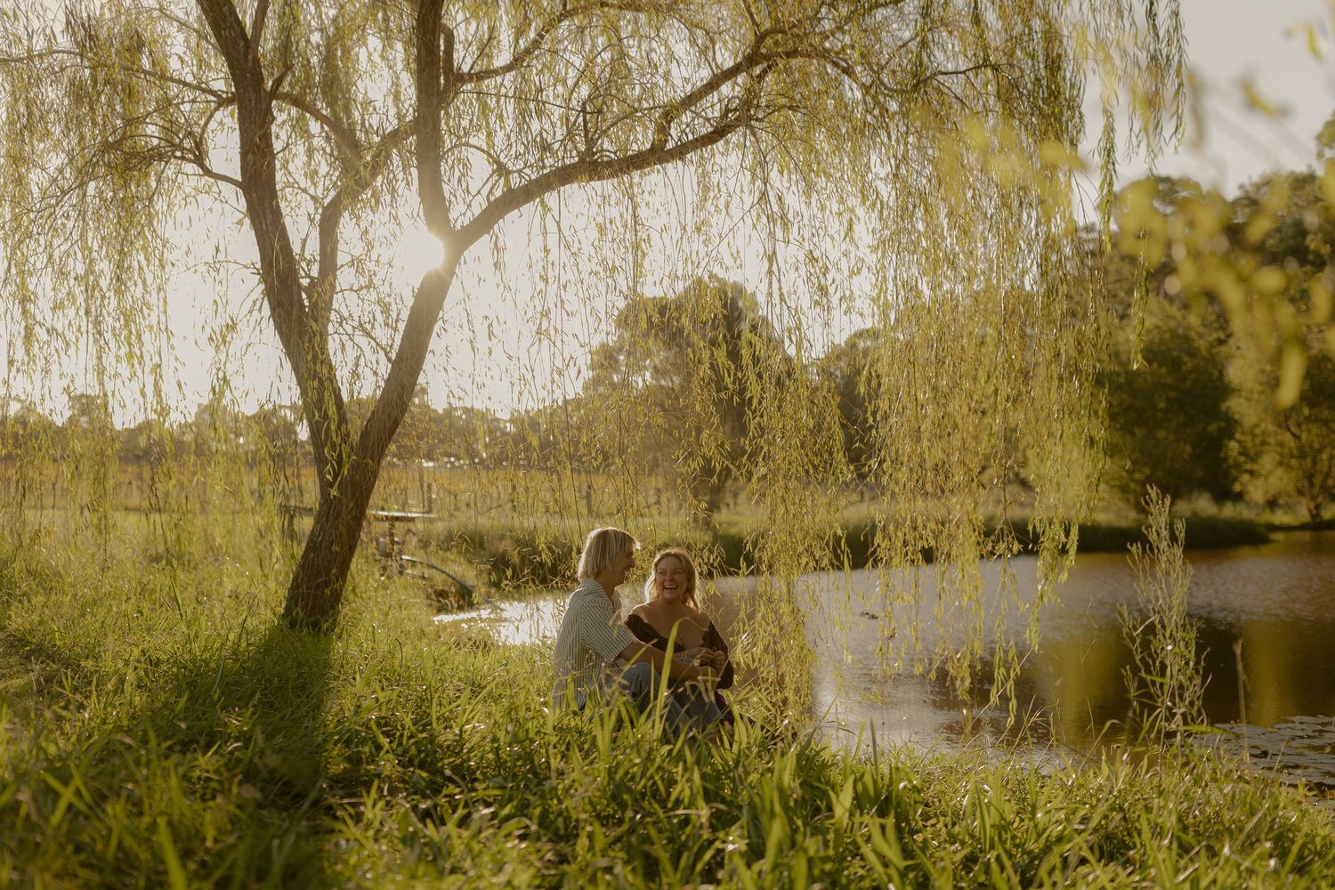 Couple sitting together under a weeping willow tree by a serene pond in a lush green garden.