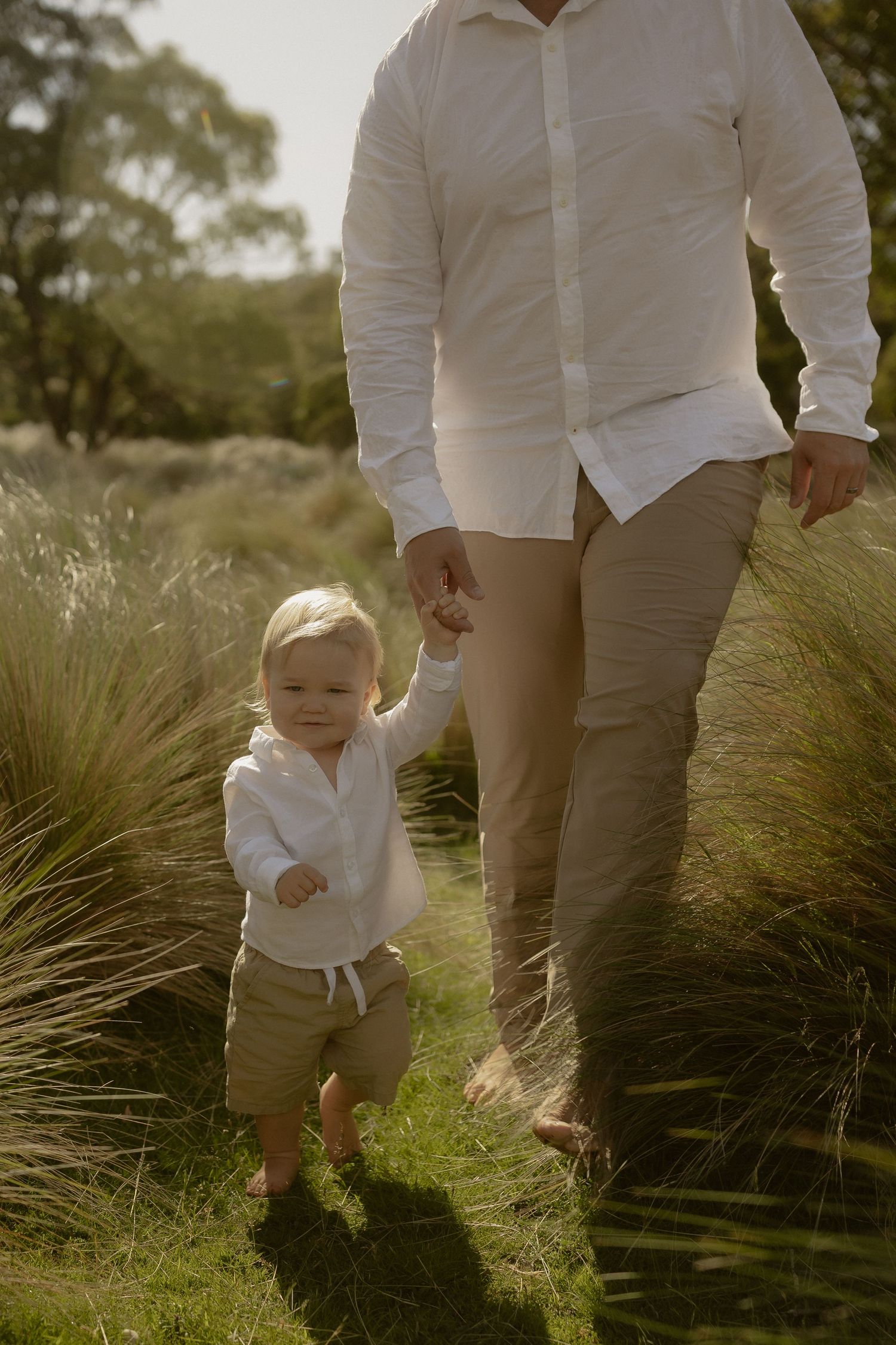 A toddler in white shirt and khaki shorts walks through tall ornamental grasses with adults in a sunny garden setting.