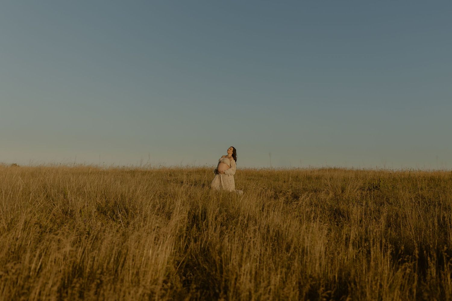 Silhouette of couple standing in golden wheat field during sunset.
