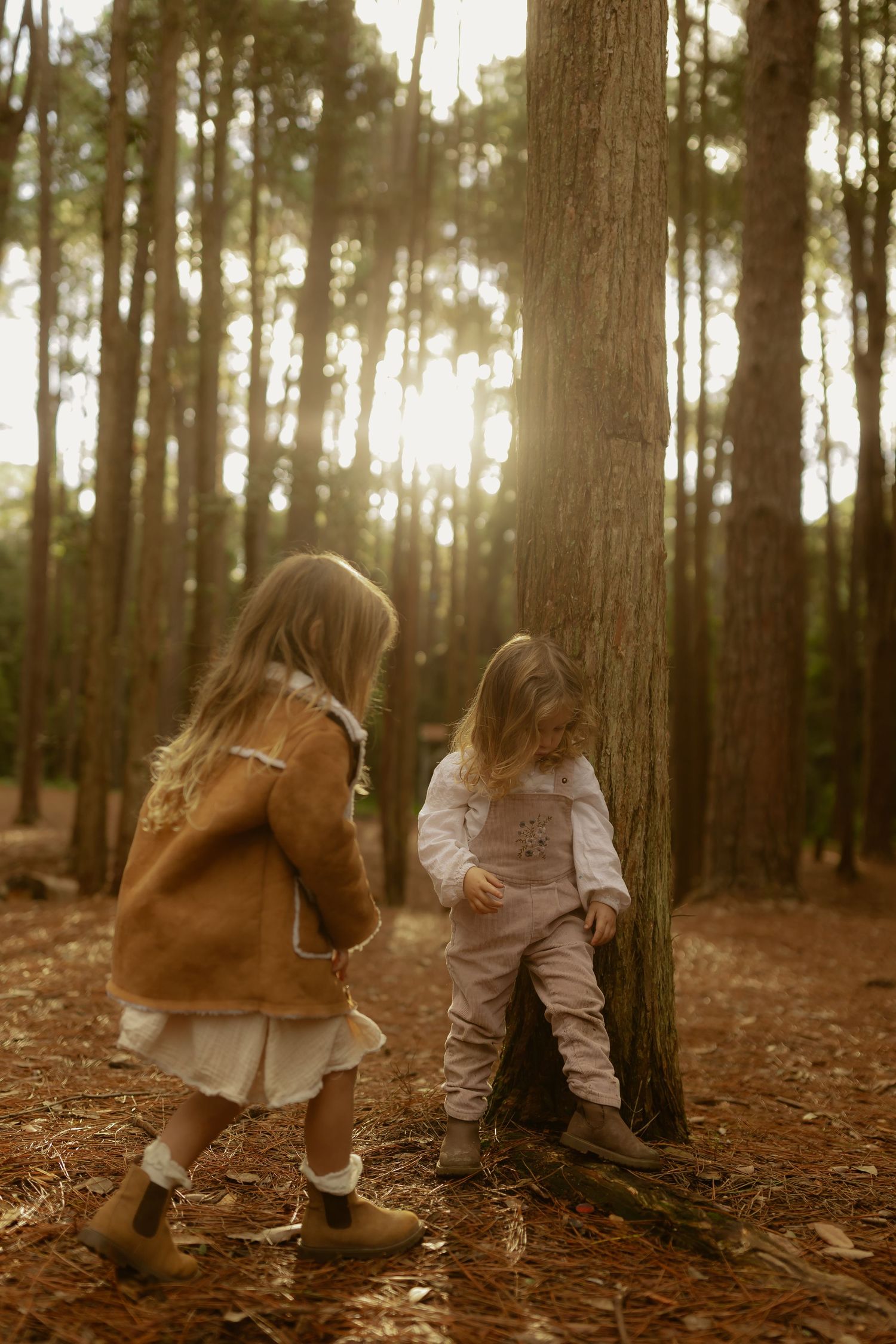 Two young girls with blonde hair playing in a sunlit forest, one wearing a brown coat and the other in white overalls.