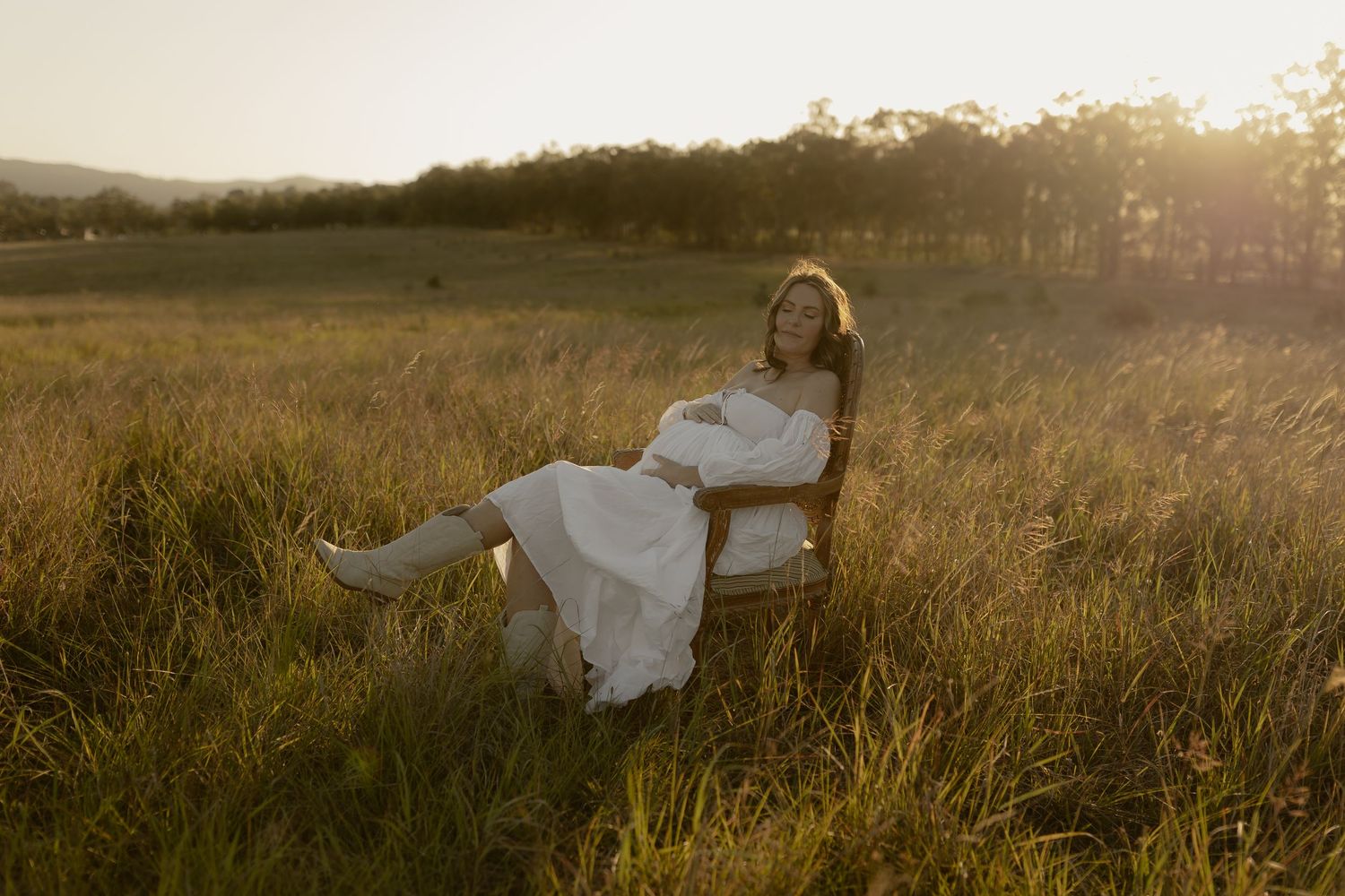 Golden sunlight illuminates a grassy field during sunset creating a dreamy pastoral landscape.