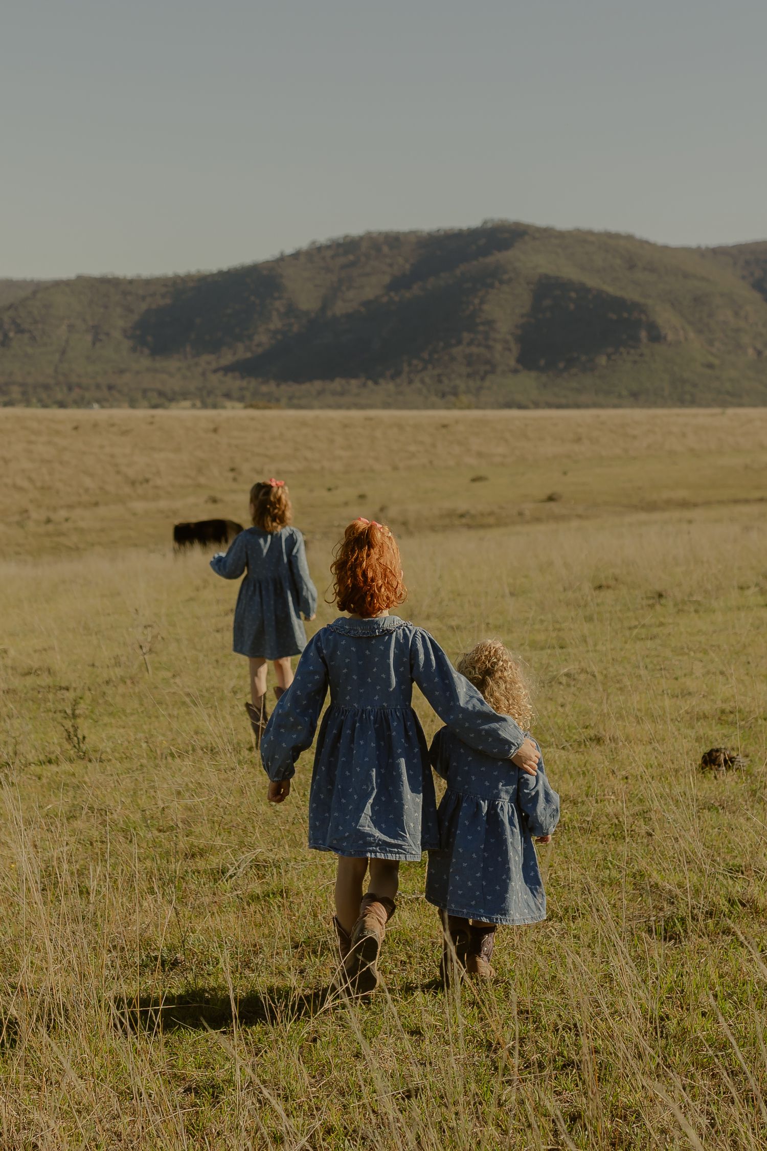 Mother and two daughters in matching blue dresses walking through a green meadow with mountains in the background.