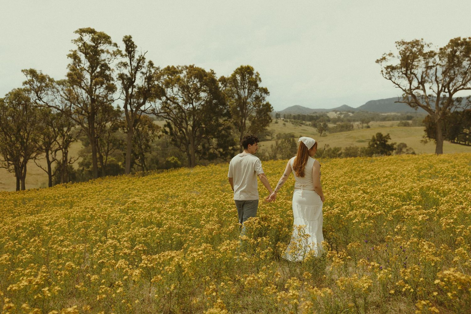 Two people walk through a vibrant field of yellow wildflowers with rolling hills and trees in the background.