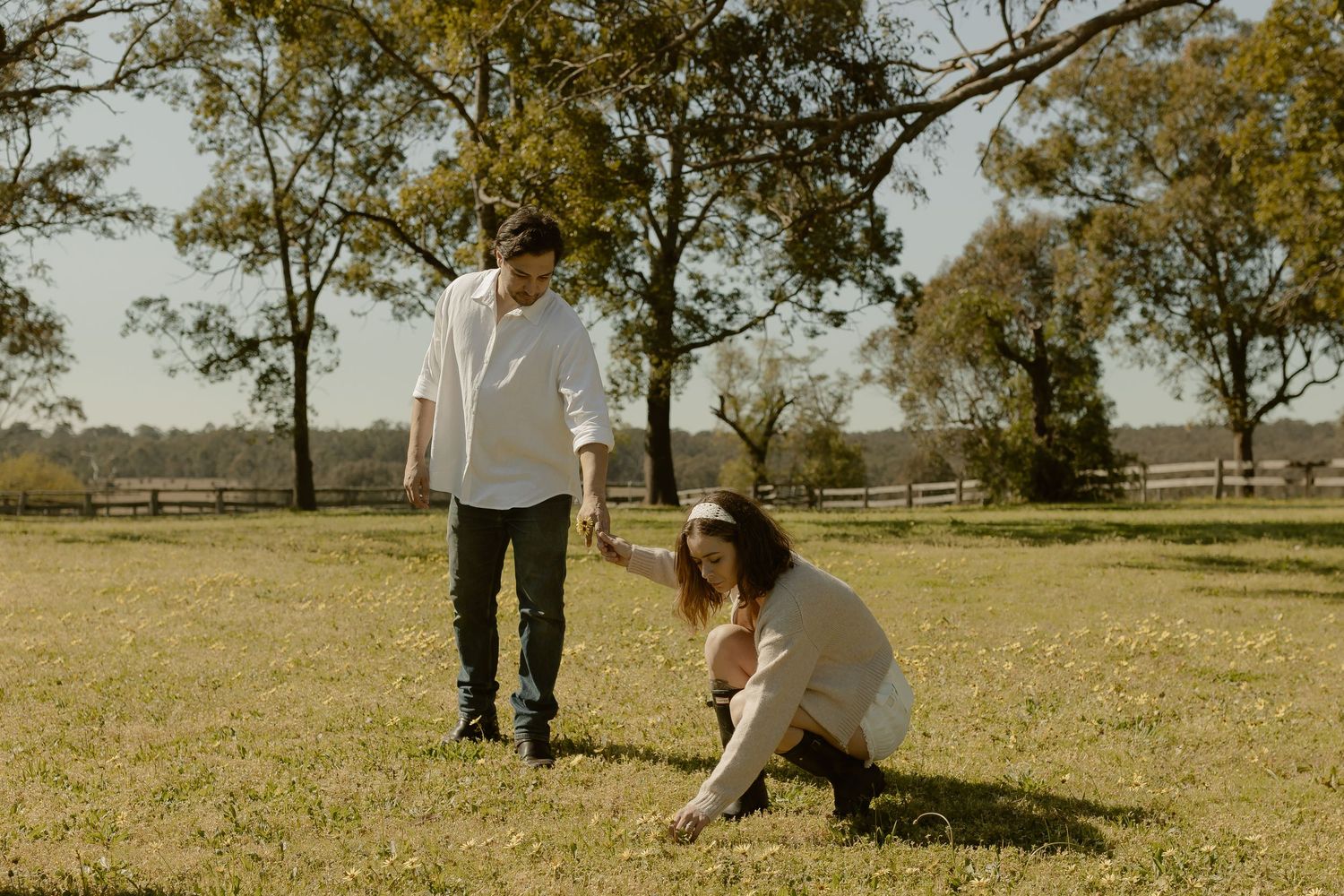 A couple walks together through a sun-drenched meadow with scattered trees on a warm autumn afternoon.