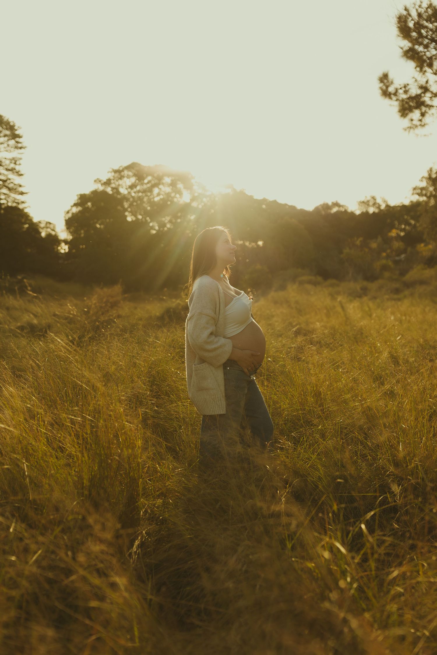 A couple embraces in a sunlit meadow of tall grass during golden hour, creating a romantic silhouette.