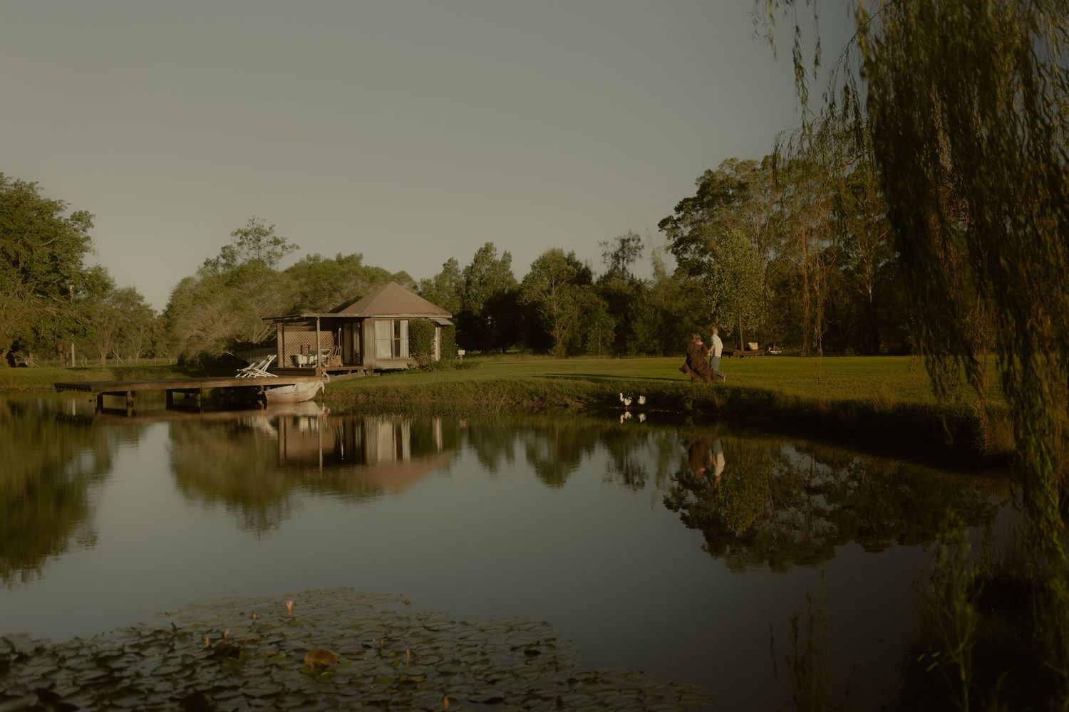 Serene pond reflecting a rustic wooden cabin surrounded by lush green trees in a tranquil park setting.