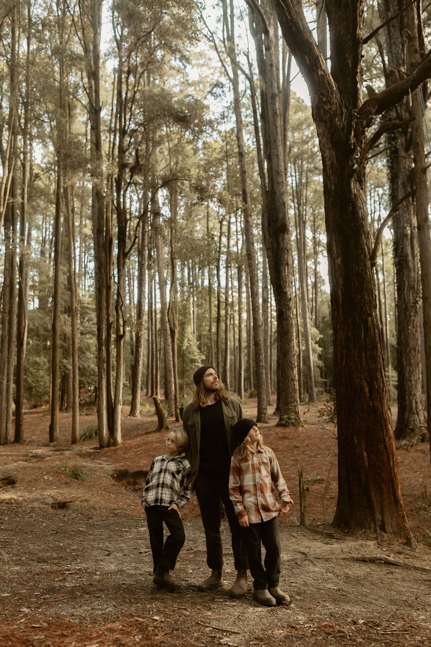 Family enjoying a casual stroll together in a tall pine forest.