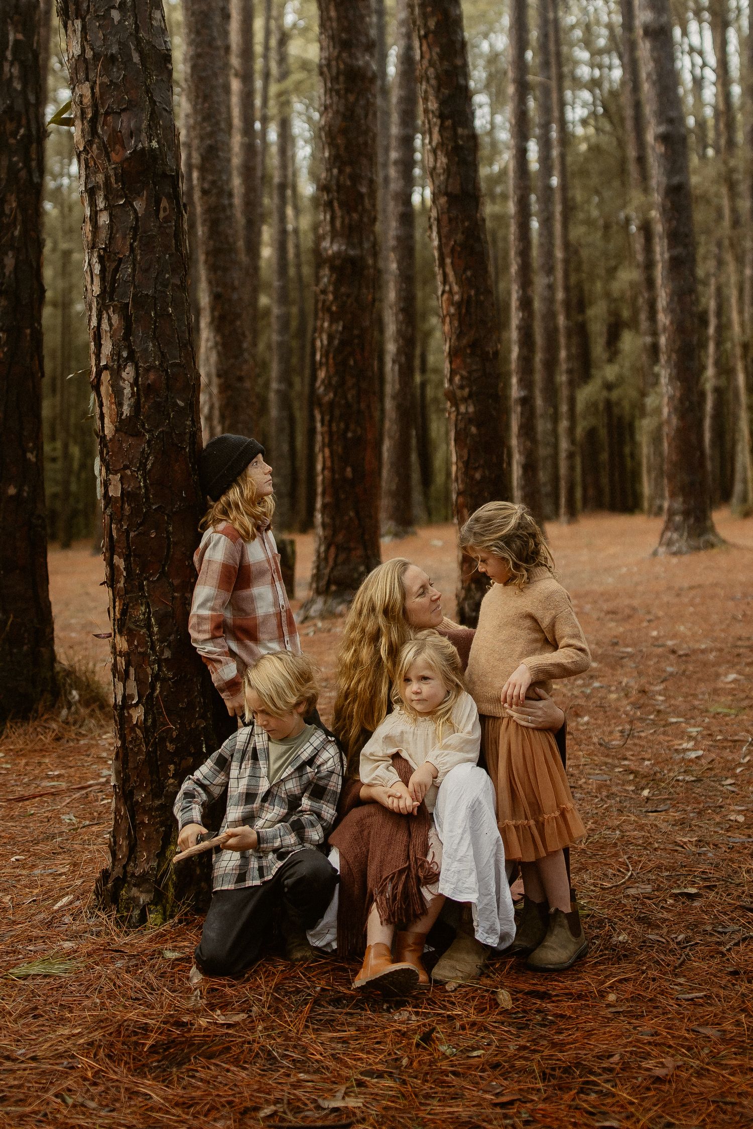 A group sits together on fallen pine needles in a serene forest setting during autumn.