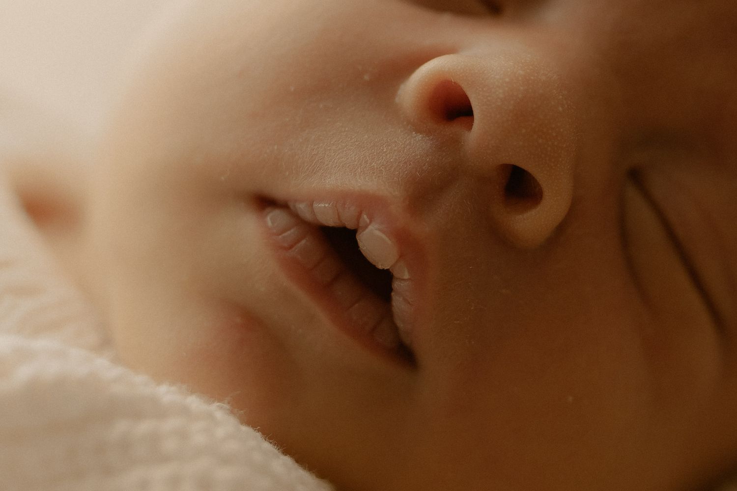 Close up macro photograph of a sleeping baby's nose and mouth showing peaceful expression.