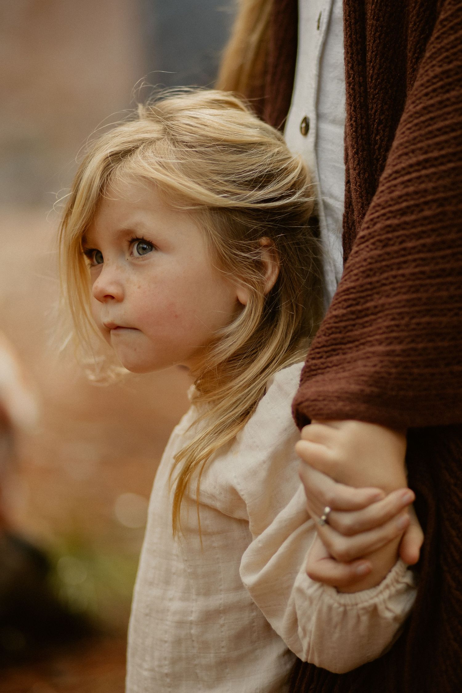 A young child with blonde hair holds onto a brown sweater sleeve while looking off to the side with curiosity.