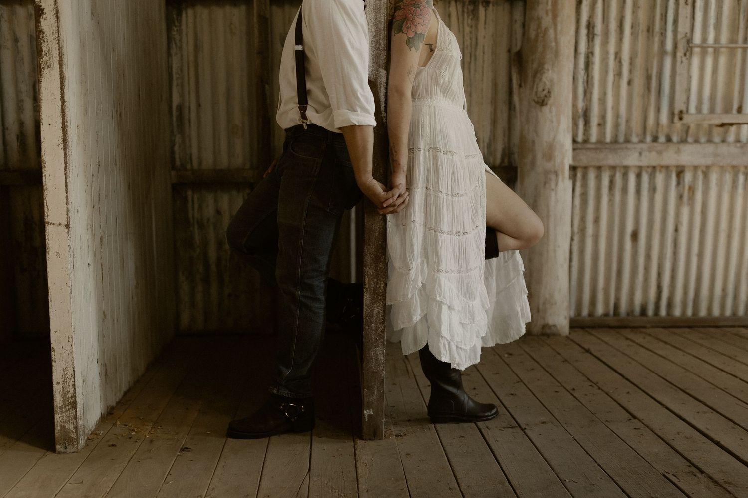 Black and white photos showing sweet romantic interactions against a wooden backdrop.