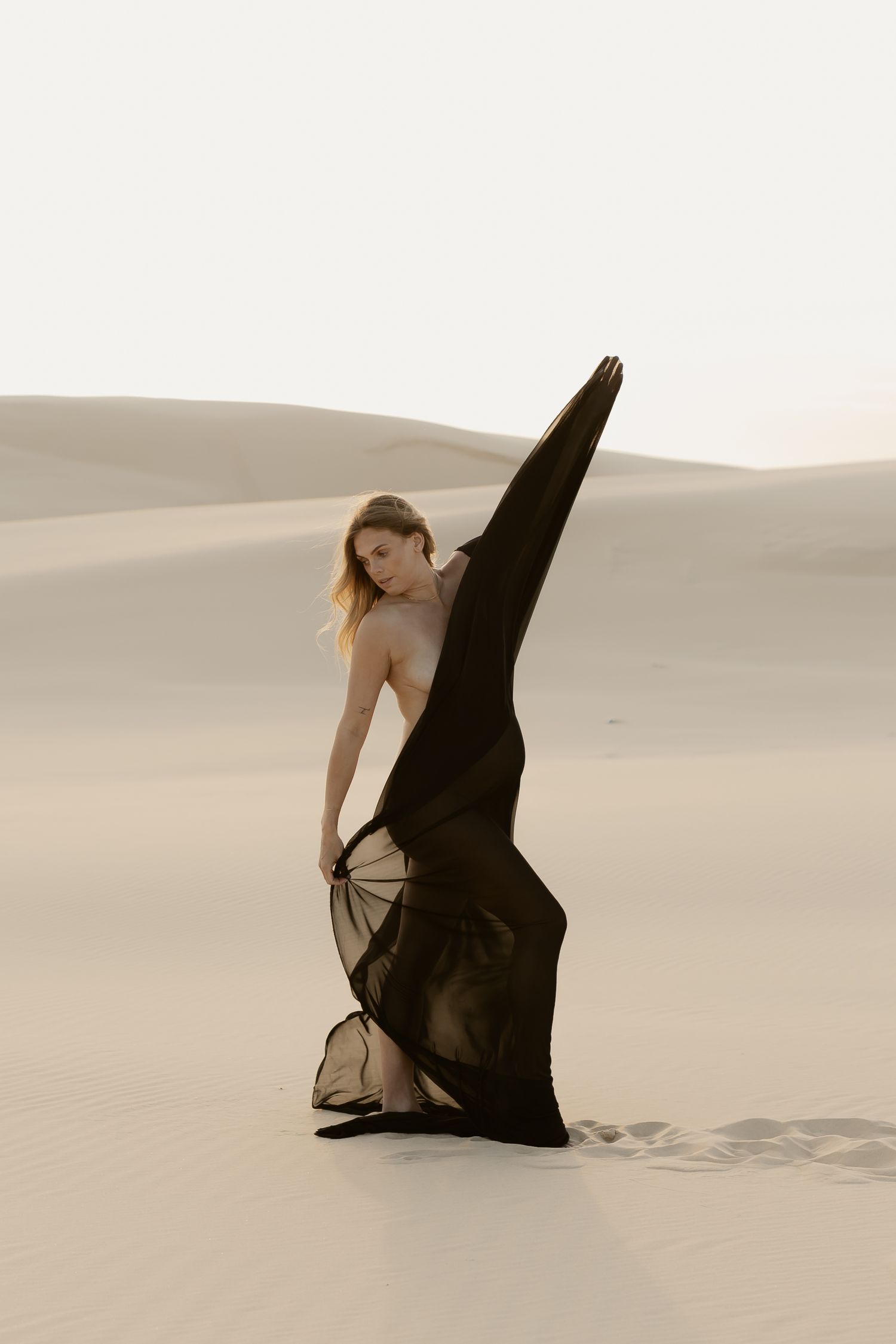 Dramatic silhouette of person in black dress poses against stark desert landscape.