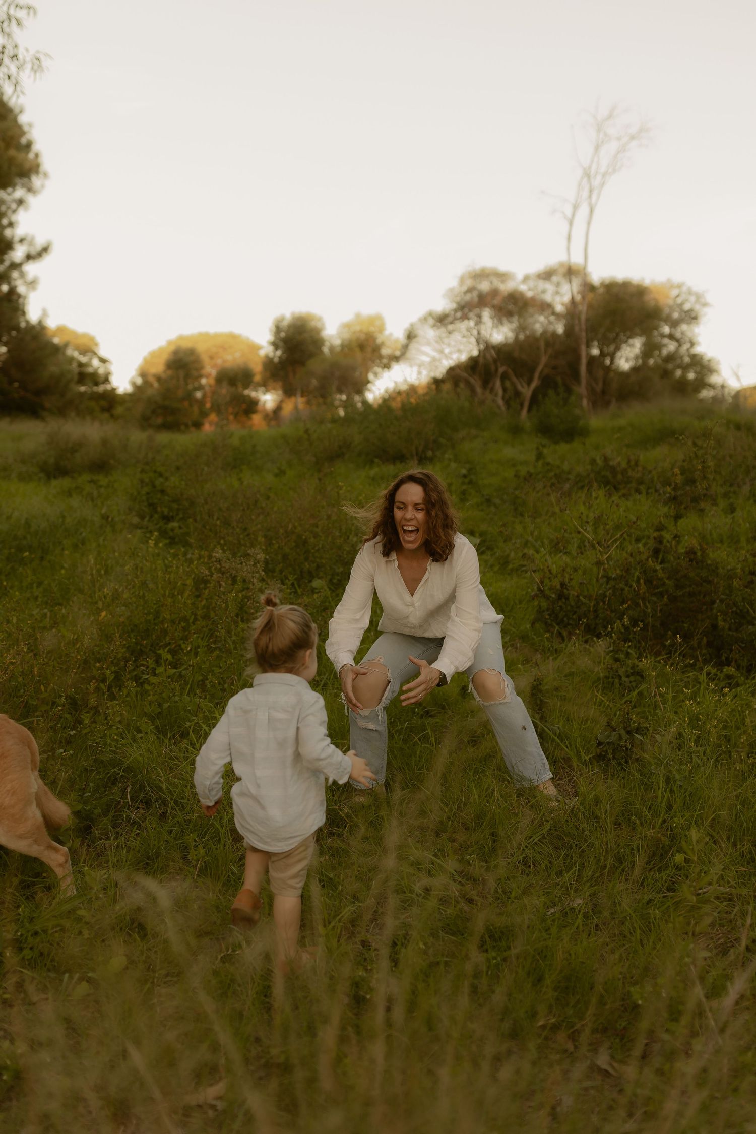 Playful family moment captured in tall grass during golden hour.