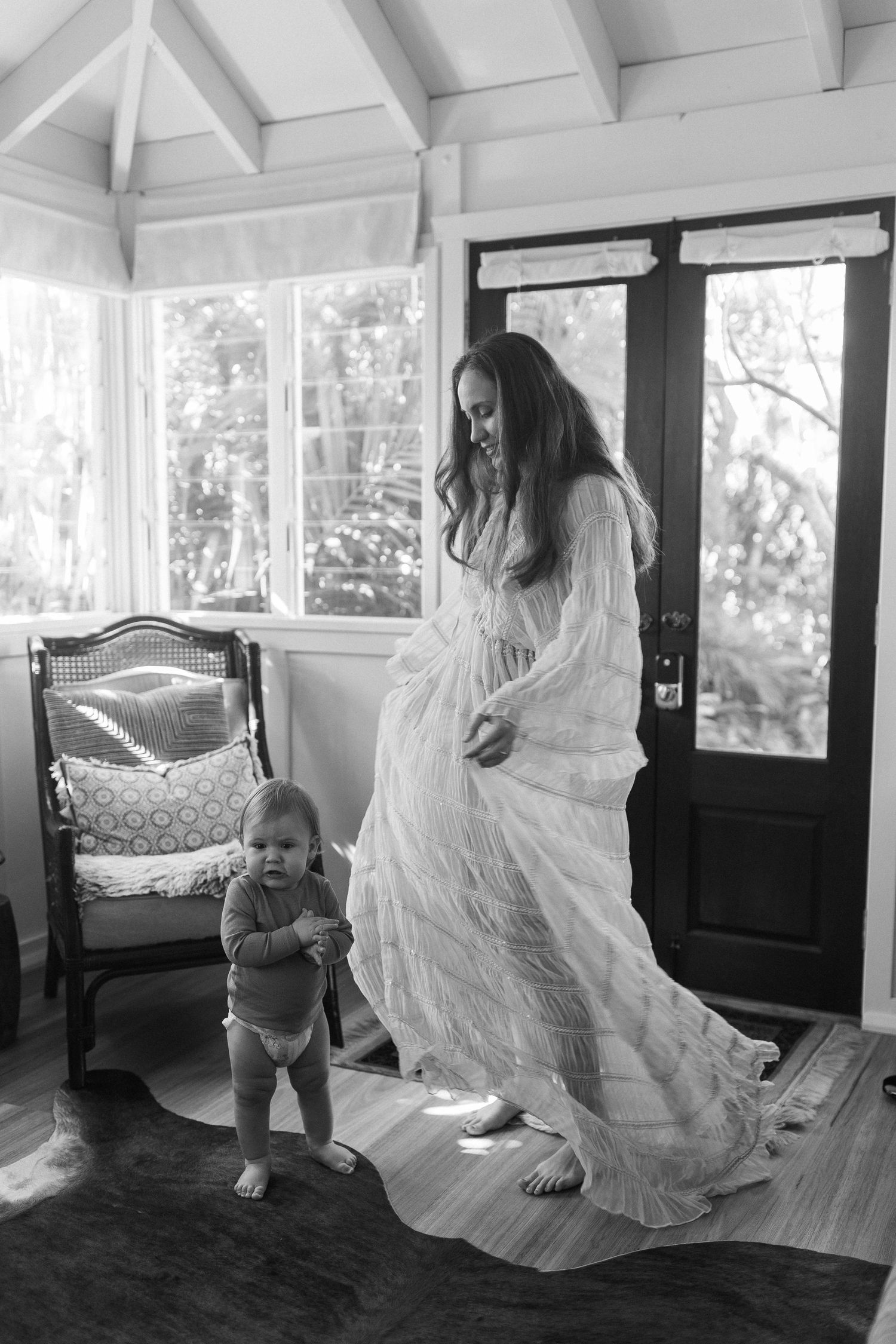 Series of lifestyle photos showing playful interaction between parent and child in sunlit room.