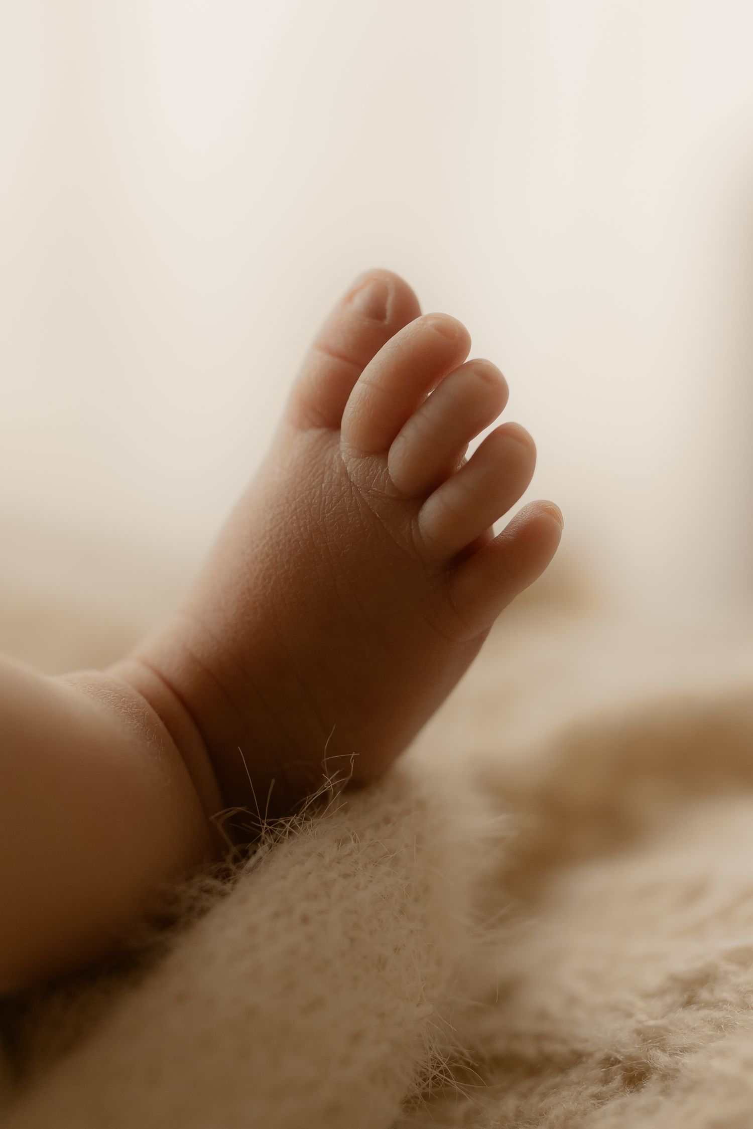 Close-up sepia toned image of a tiny baby foot resting on soft textured fabric.