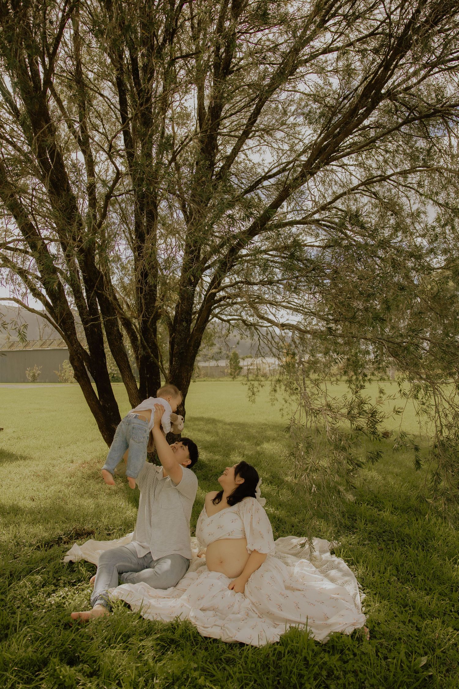 Pregnant woman and partner sit on blanket under tree, lifting toddler in green park setting.
