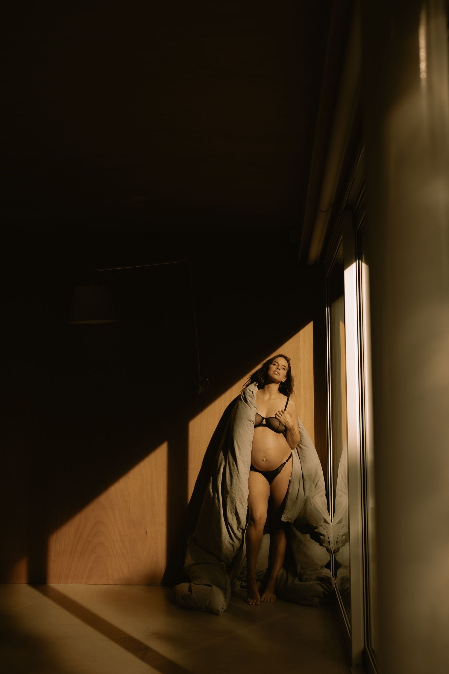 Dramatic shadowy silhouette in a window corner creating moody boudoir atmosphere with natural lighting.
