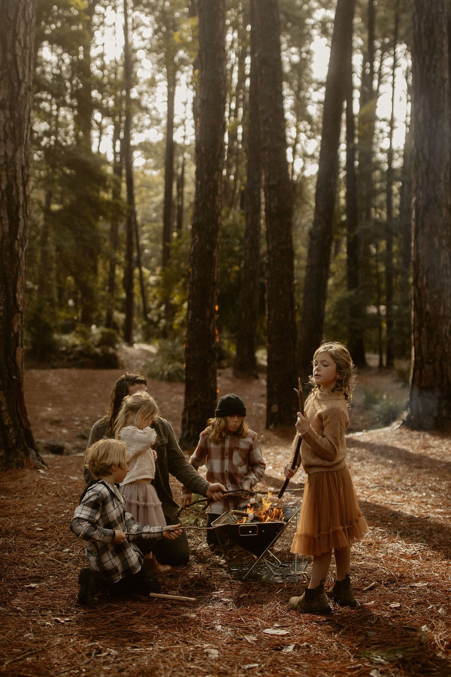 People gathered around a campfire in a pine forest during golden hour, creating a cozy outdoor scene.