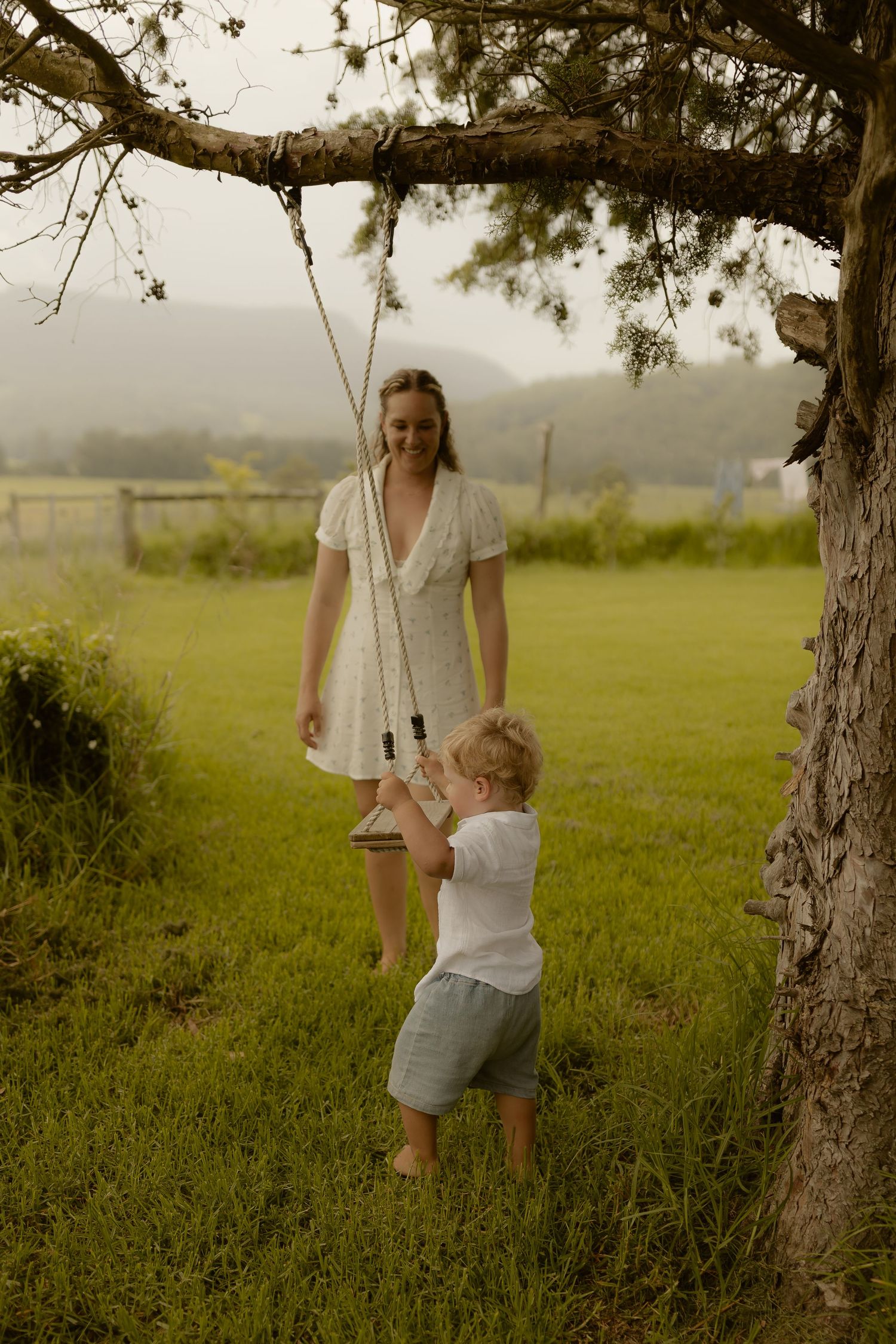 A peaceful moment by a tree swing in a lush green countryside setting.