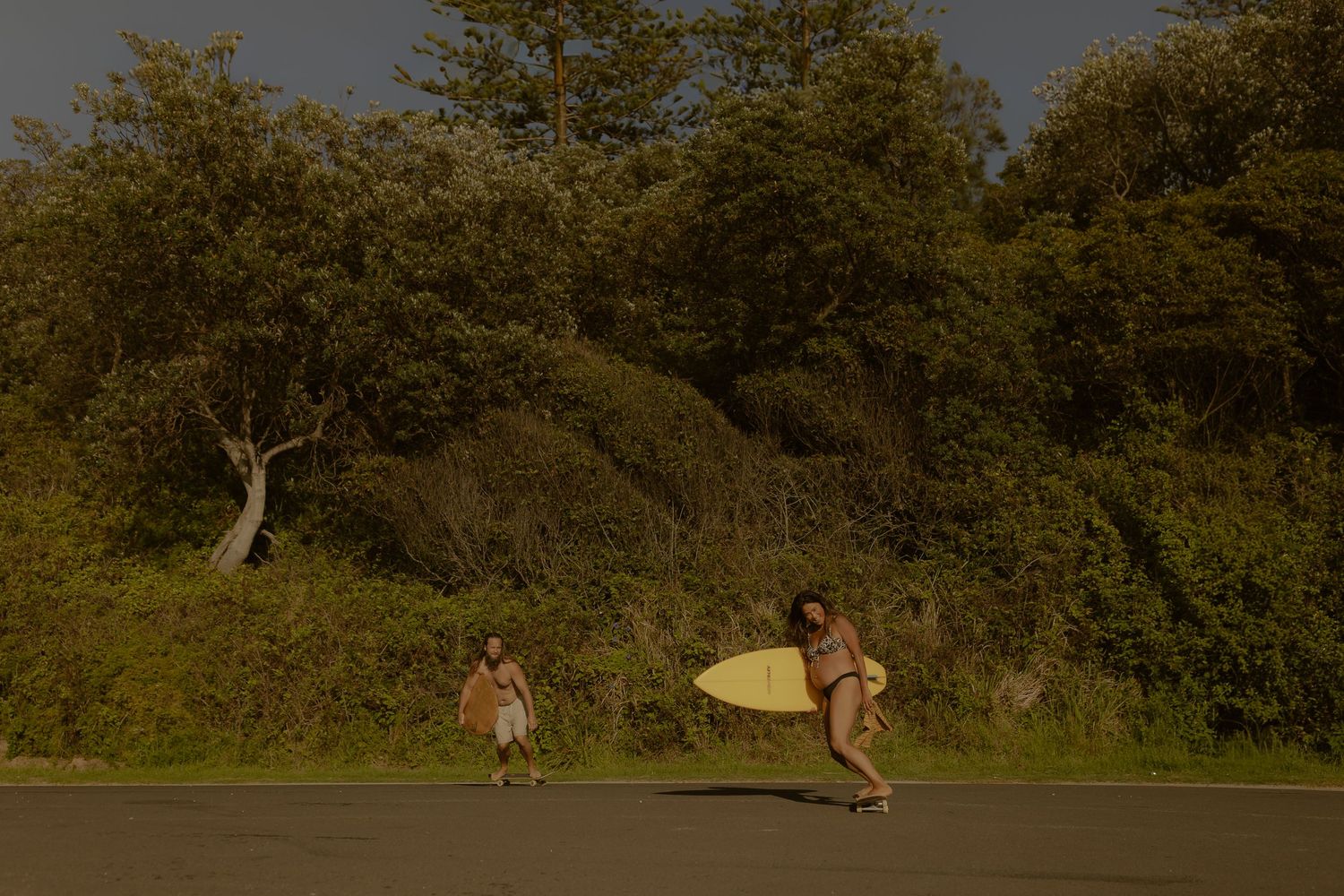A surfboard rests against a tree on a grassy path near dense foliage.